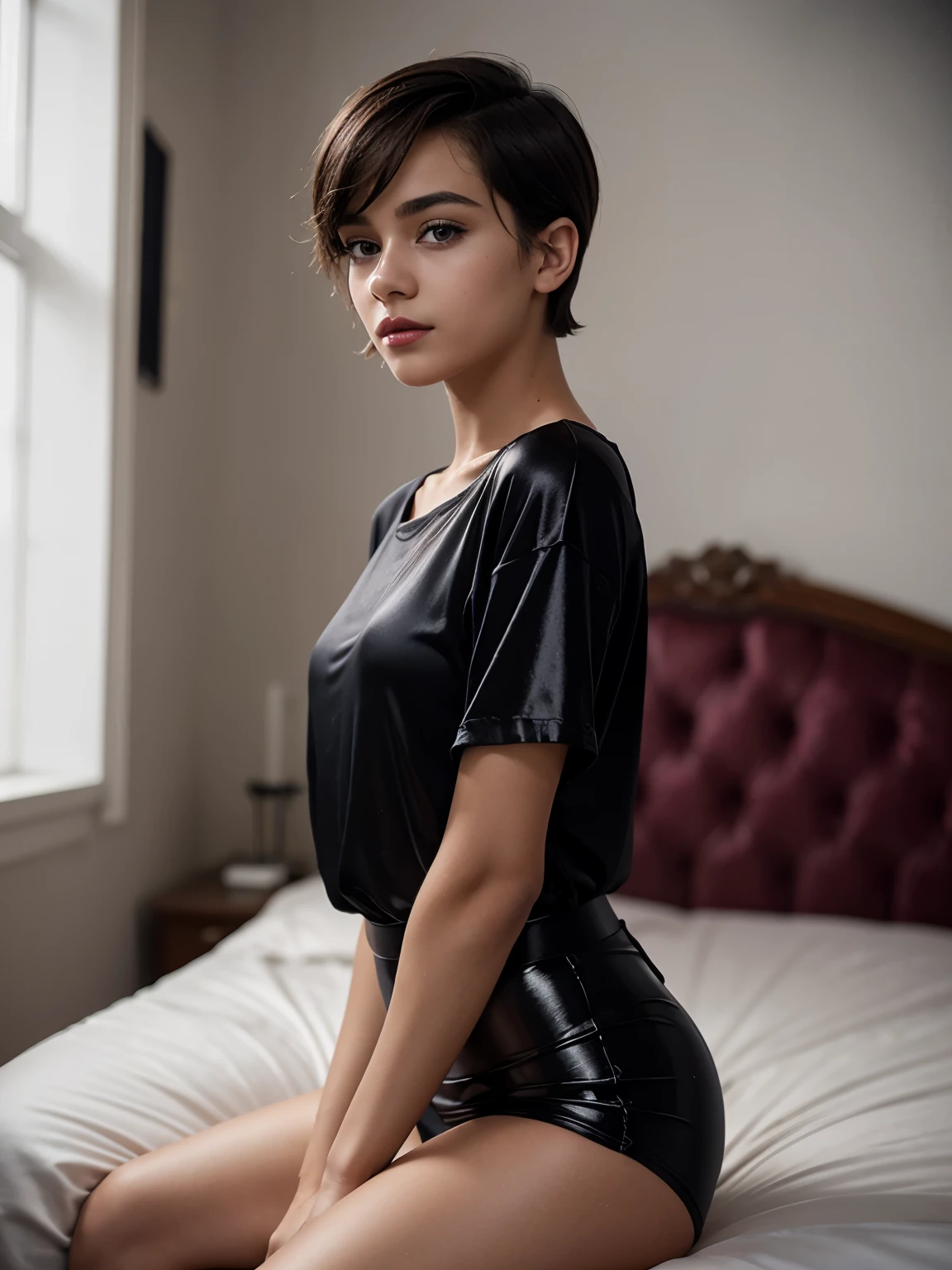 Alizee Jacotey, slim  teenager, short pageboy hair, photographic quality, eye shadow and lipstick, portrait poses, sits on bed for a sophisticated portrait, wearing black long satin shiny t-shirt
