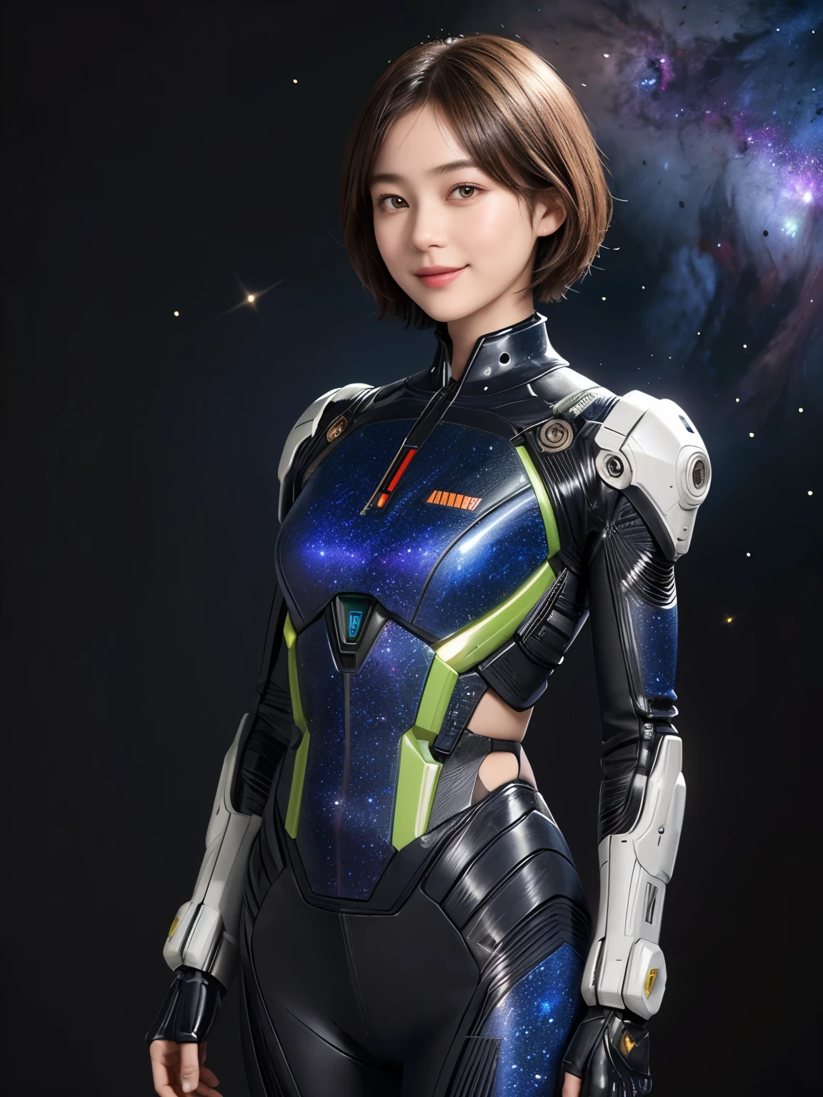 208 Short Hair, 20 year old female, Floral, gentle smile, futuristic clothes, mechanical suit, (The background is a galaxy and nebula)