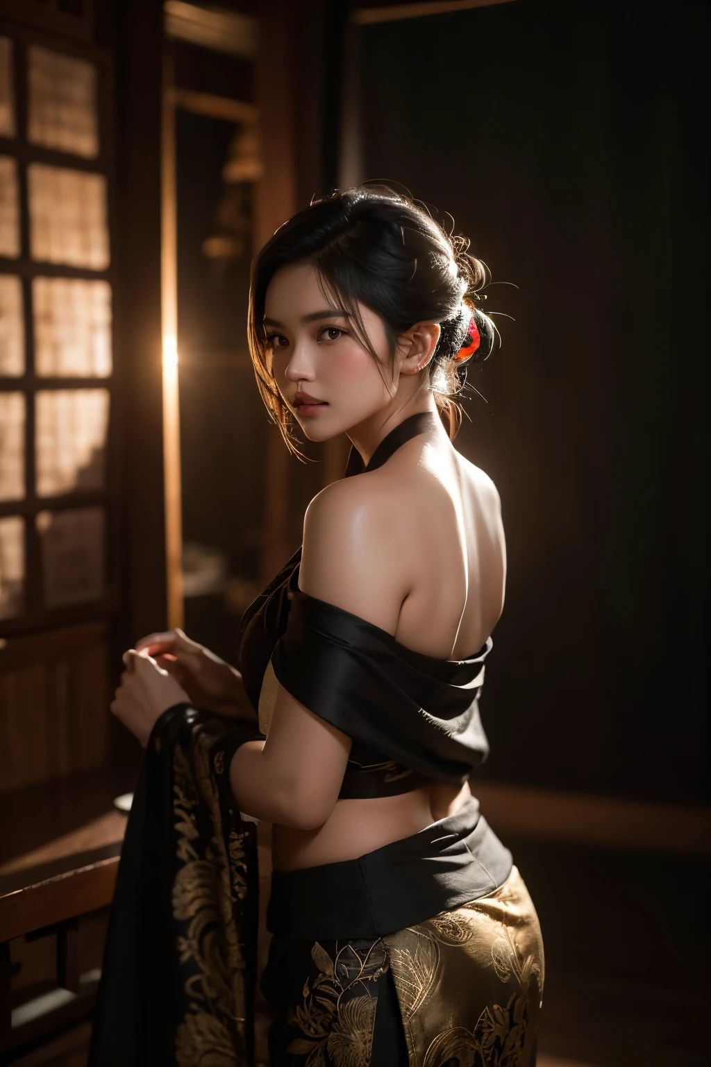 Cinematic silhouette of an Indonesian girl with wolf cut hair and sweats while posing in a dark studio room behind which there is a camera and shooting equipment, facing the camera wearing traditional Balinese clothes, slightly open top and an aesthetic black shawl. the photos are very detailed