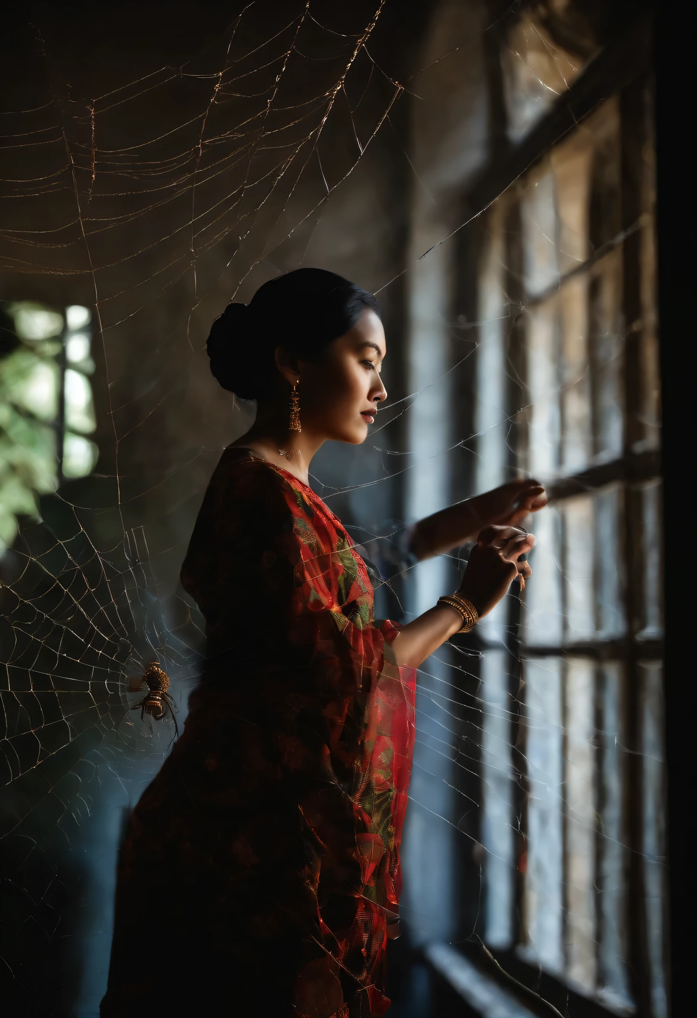Hyperrealist real face malay women standing at the mirror old house silhouette dark  background spider web 