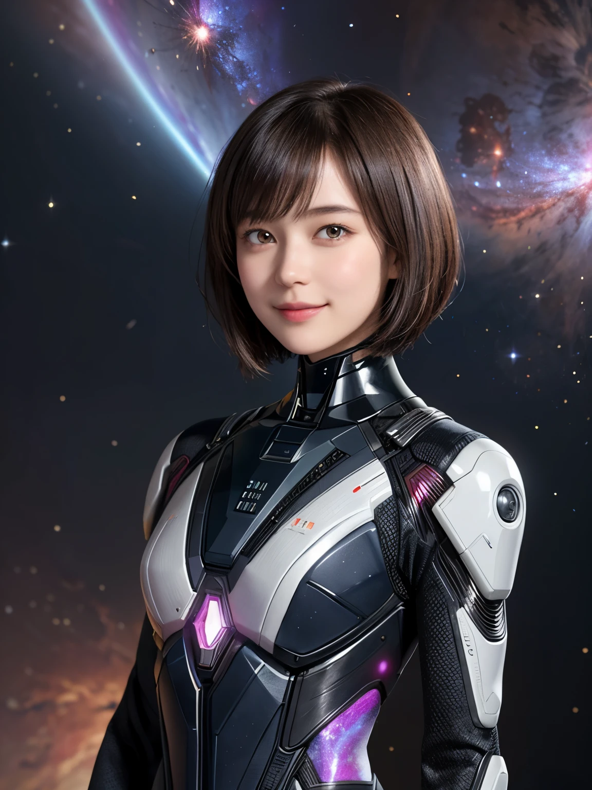 208 Short Hair, 20 year old female, Floral, gentle smile, futuristic clothes, mechanical suit, (The background is a galaxy and nebula)