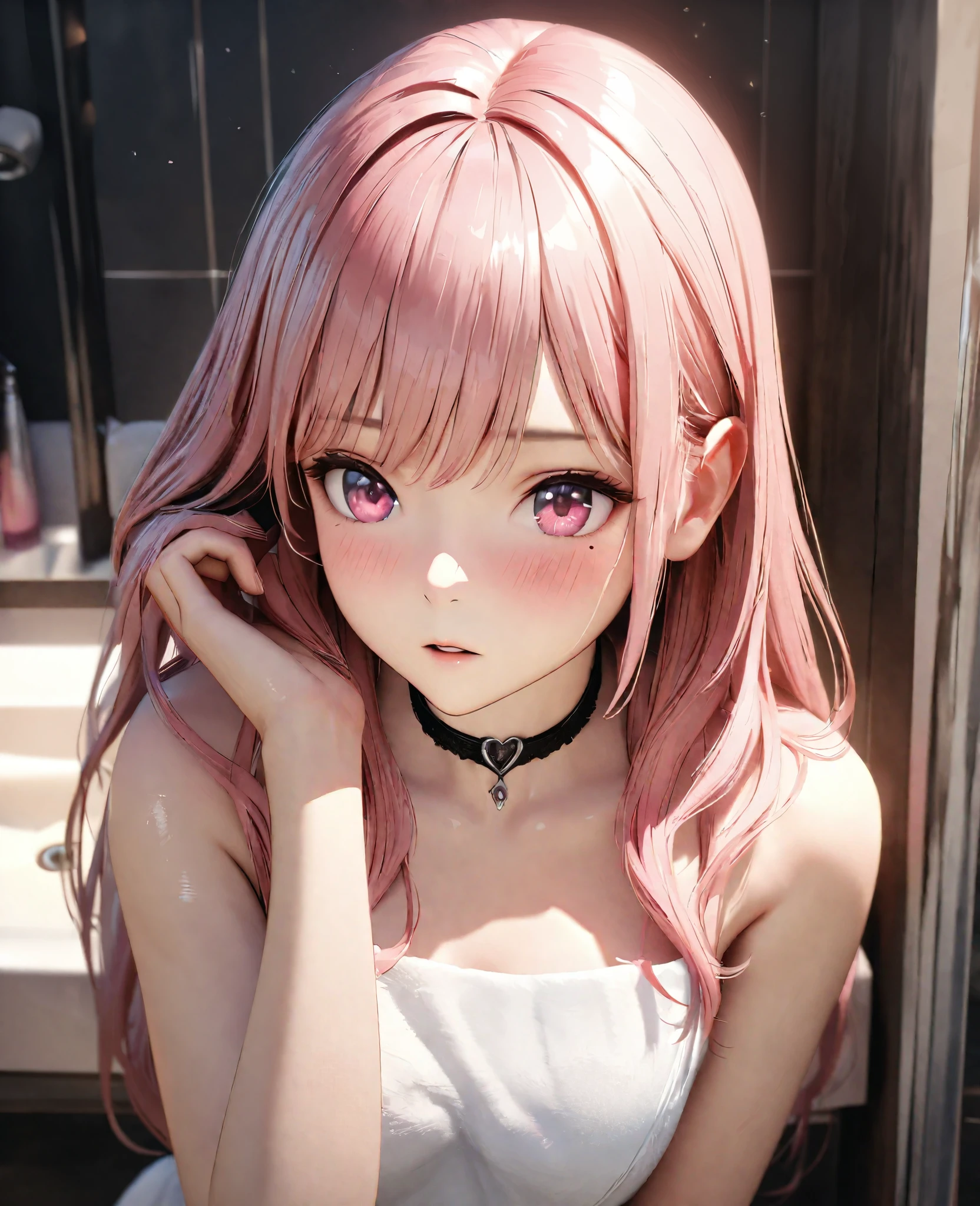Masterpiece, Best Quality, Super Detailed, High Definition, Expensive Resolution, HDR, 4k, 8K, Unity 8k Wallpaper, Super Detailed CG, Masterpiece, Realistic, 2D, 3D, Beautiful Details, Depth, Fine Texture, Super Fine: 1.3, Full concentration, crispy skin, him, very cute anime girl, expensive pink long hair, one girl, after washing hair, bath towel, pink long hair, whole body, mole under the eye, line of sight, expensive, blush, parted lips , heart, pink eyes, choker