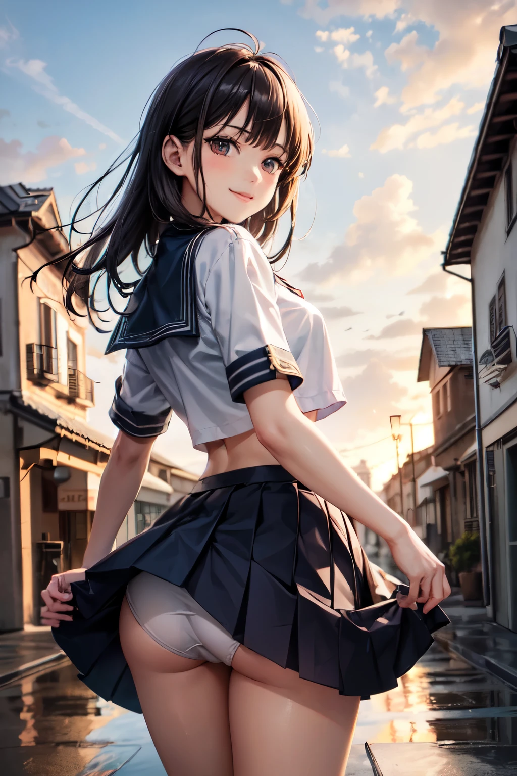 very cute and beautiful girl,(highly detailed beautiful face),
(smile),serafuku,pleated navy blue mini skirt,
looking back,from behind,leaning forward,from below,white panties,
(town overview),many european houses with red roof,detailed landscape,
black hair,looking at viewer,
(best quality,masterpiece:1.0),absurdres,highres,ultra-detailed,extremely detailed,32k,8k resolution,
intricate details,cinematic scene,detailed background,solo,dynamic angle,
hair fluttering in the wind,beautiful detailed sky,
