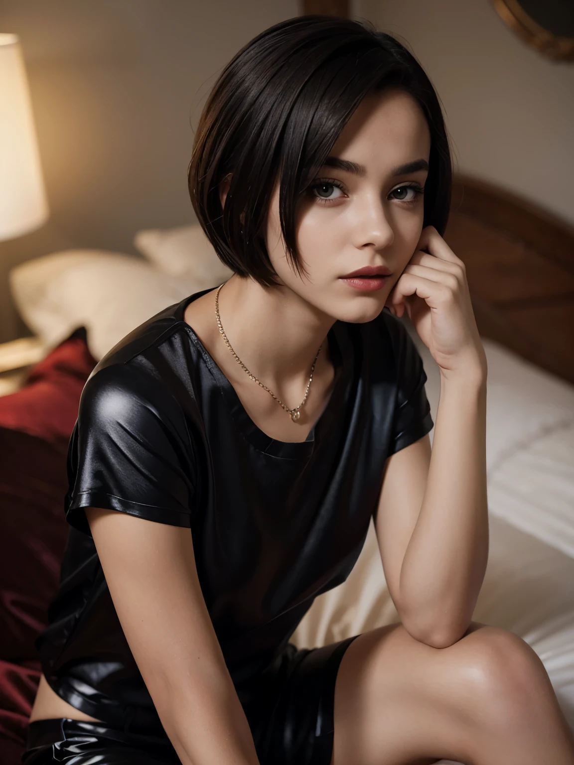 Alizee Jacotey, slim teenager, short pageboy hair, photographic quality, eye shadow and lipstick, portrait poses, sits on bed for a sophisticated portrait, wearing black long satin shiny t-shirt