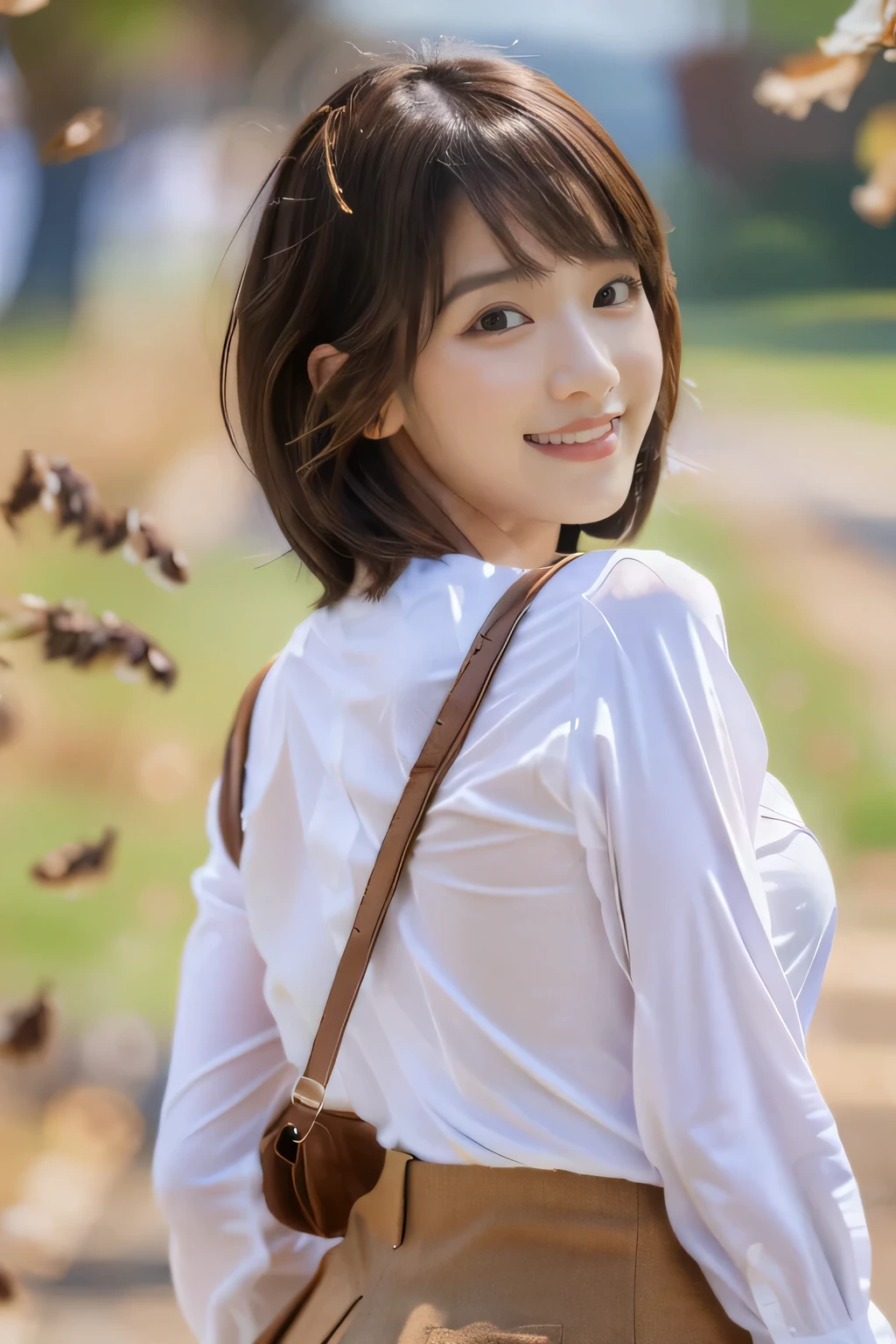 masterpiece, highest quality, Photoreal, Super detailed, finely, High resolution, 8k wallpaper, Professional, Advanced level of detail, ((One 20-year-old girl:1.2)), Slender Japanese women,cute lips, detailed clavicle, Medium chest、perfect face, (Cute short hair:1.5), chestnut hair、cute face、(Skirt blown up by the wind, panchira image:1.5)、(brown skin:1.5)、(full body shot:1.2)、(cute smile:1.5)、Balanced Professional Portion、