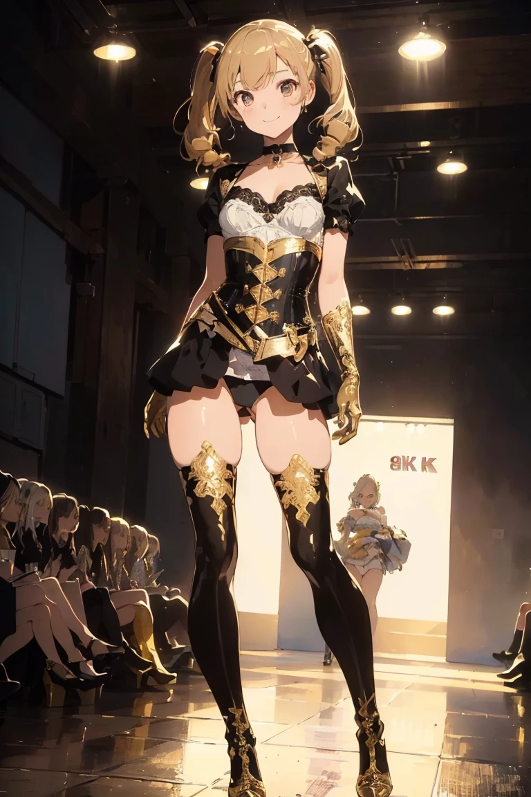 (masterpiece:1.8),(highest quality:1.8),(Super detailed:1.8),(8K:1.8),(Ultra-fine illustration:1.5),pretty girl,sisters,skinny,small ass,straight twin tails,flat chest,small breasts,(Shiny metallic gold,lace panties),,Gold Corset,choker,Gold Long Gloves,gold boots,(smile pose),stand,(Paris Fashion Week,Runway Walk),Spotlight。Lots of camera flashes