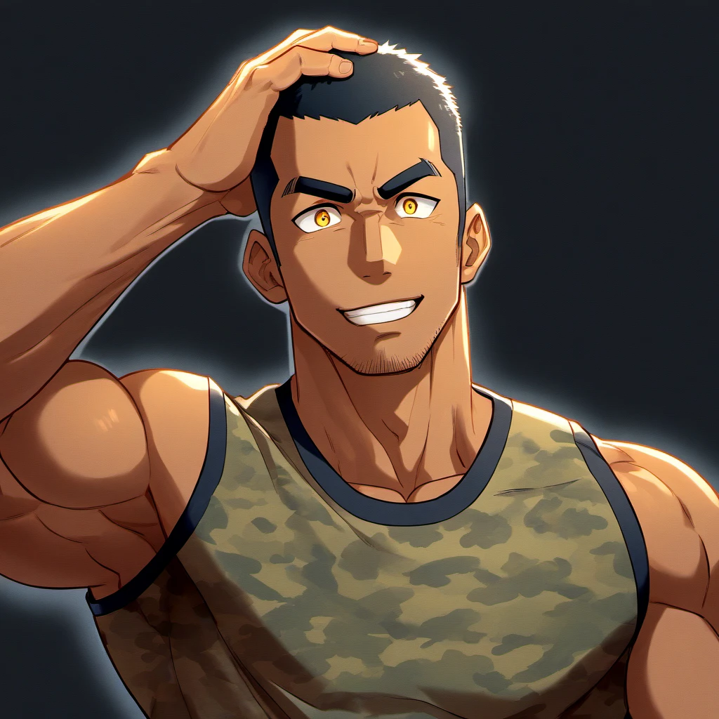 anime characters：Gyee, Fitness coach, Chocolate skin, 1 muscular tough guy, Manliness, male focus, Camouflage sleeveless T-shirt, Very tight, Slightly transparent, muscular male, muscular, only, Upper body, alone, Black short hair, Thick eyebrows, stubble, Yellow eyes, Black background, simple background, amazing quality, best aesthetics, Ridiculous, bright pupils, crew cut, parted lips, Scratching one&#39;s head, giggle, Stupid laugh, drop shadow, best quality