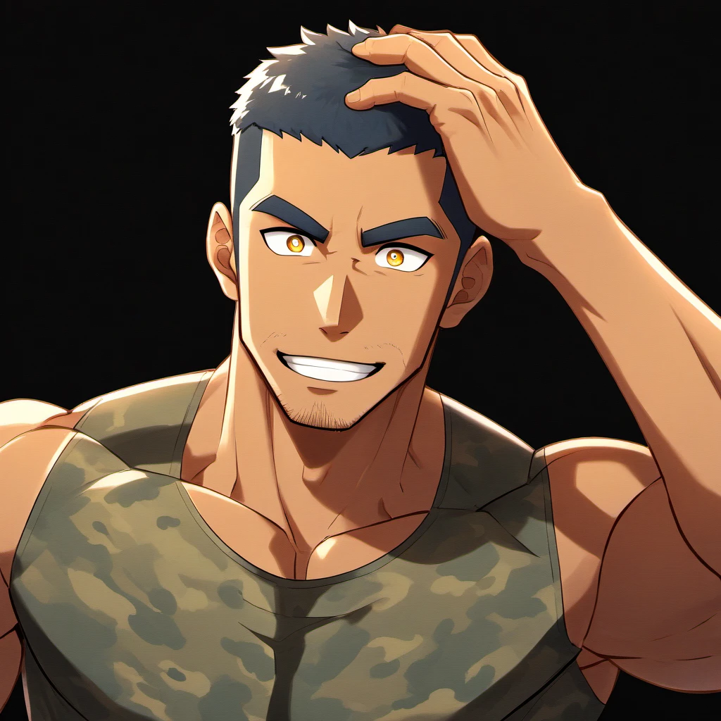 anime characters:Gyee, Fitness coach, Chocolate skin, 1 muscular tough guy, Manliness, male focus, Camouflage sleeveless T-shirt, Very tight, Slightly transparent, muscular male, muscular, only, Upper body, alone, Black short hair, Thick eyebrows, stubble, Yellow eyes, Black background, simple background, amazing quality, best aesthetics, Ridiculous, bright pupils, crew cut, parted lips, Scratching one's head, giggle, Stupid laugh, drop shadow, best quality