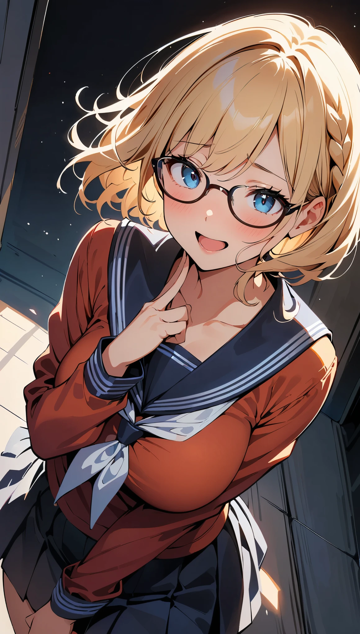 (high quality, 8K, 4k, high contrast, masterpiece:1.2, 最high quality, best aesthetics), (dynamic angle), ((1 female)), erotic, sexy, mature body, JK, , Braid, Glasses, sexyな唇, excited, Chairman, sailor suit:1.2, open your mouth.