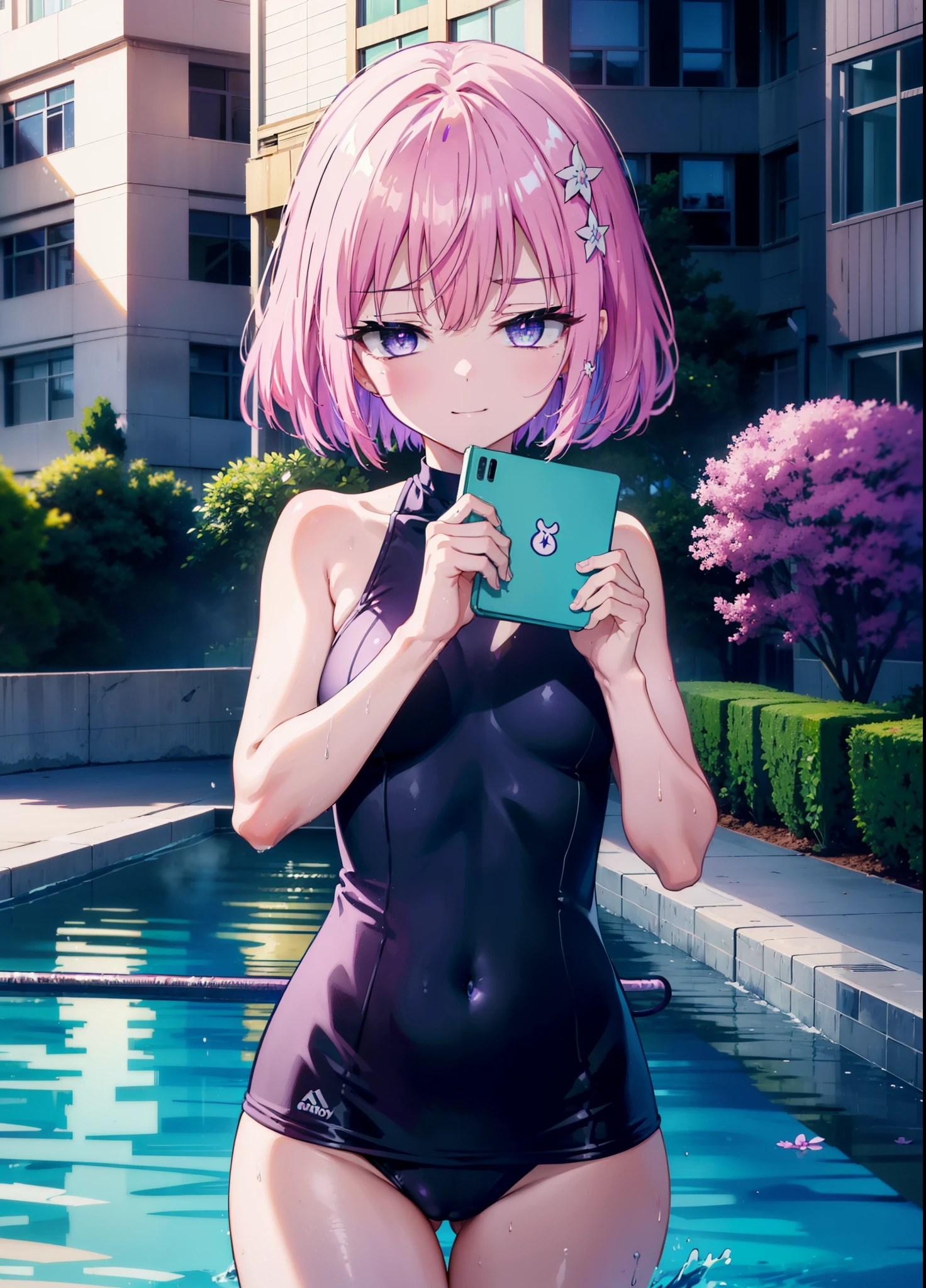 momomodel Building Uke, Deviluke type, demon tail, hair flower, hair ornaments, (purple eyes:1.1), pink hair, short hair, tail, smile,happy smile, smile, open your mouth,
break demon tail, green , school swimwear,wet hair,wet skin,barefoot,noon,sunny,
break ourdoors, School　pool,
break looking at viewer, (cowboy shot:1.5),
break (masterpiece:1.2), highest quality, High resolution, unity 8k wallpaper, (shape:0.8), (beautiful detailed eyes:1.6), extremely detailed face, perfect lighting, extremely detailed CG, (perfect hands, perfect ),