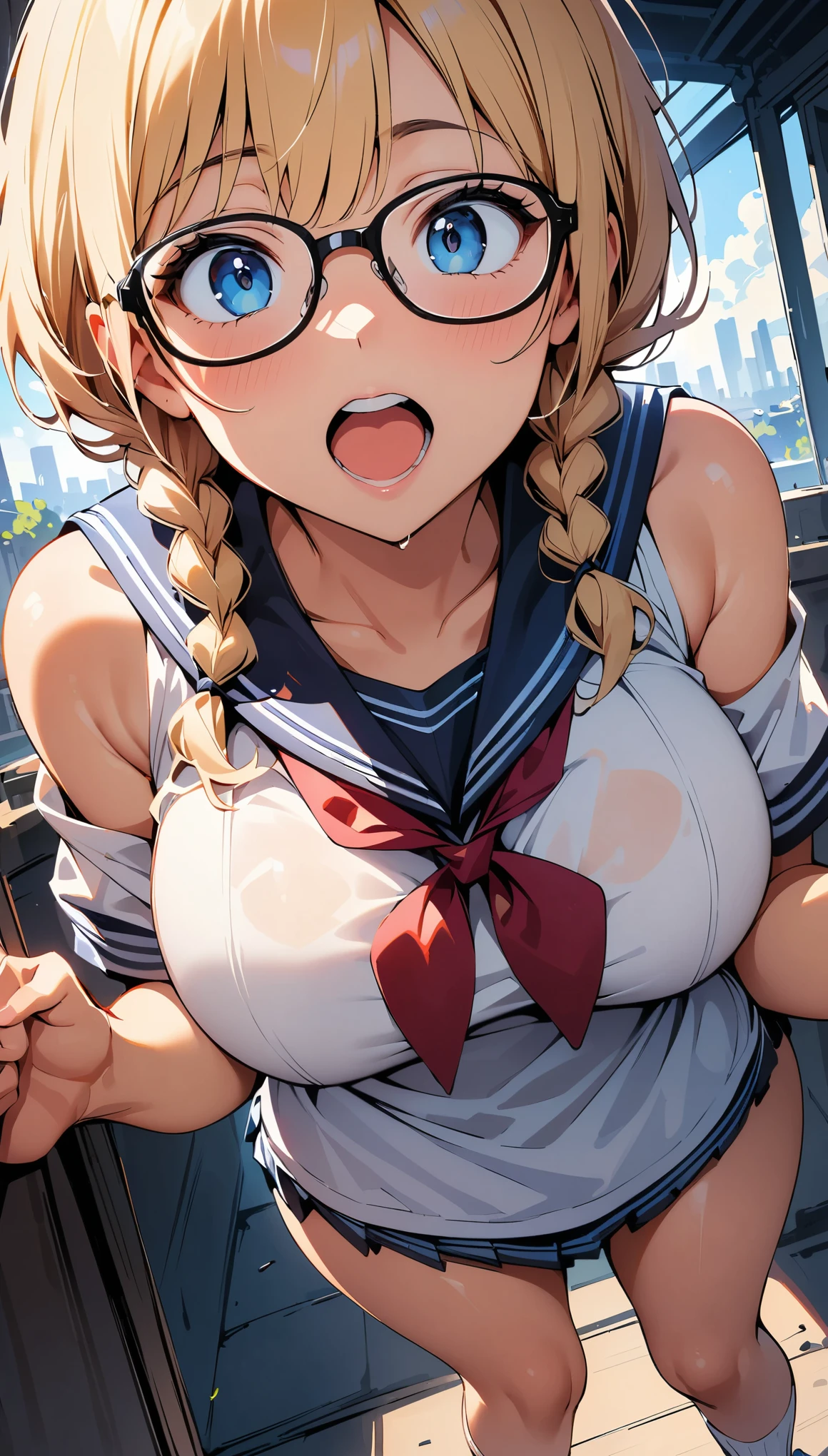 (high quality, 8K, 4k, high contrast, masterpiece:1.2, 最high quality, best aesthetics), (dynamic angle), ((1 female)), erotic, sexy, mature body, JK, , Braid, Glasses, sexyな唇, excited, Chairman, sailor suit:1.2, open your mouth.