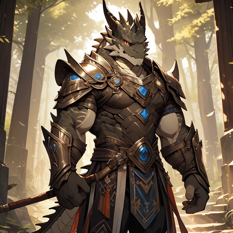1male, Dragonborn, white scale armor, scratch over left eye, brown-red eyes, detailed face with expressive eyebrows, bow and ax around waist, muscular build, intricate and high-detail costume, realistic rendering, severe lighting casting shadows, trending on ArtStation, masterpiece of digital art, highest quality, lens flare effect, ultra-detailed background with a dragon-themed forest scene, by ArtisanDragon, by EmberFlame, by PaintedDragon.
The Dragonborn in this depiction is a powerful figure, standing proudly with an air of strength and mystery. His pristine white armor is scuffed and scratched in places, adding