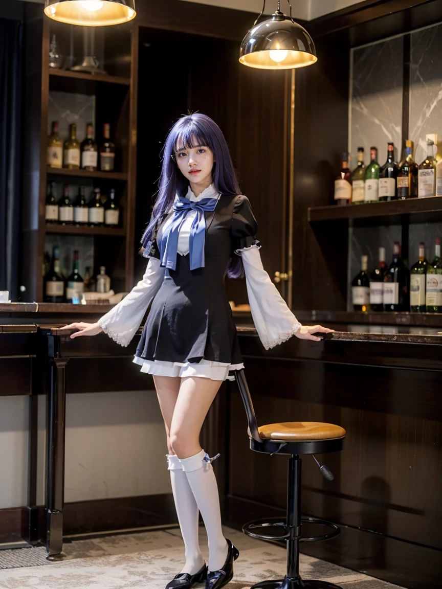 (1 lady), (Best quality at best:1.4), (ultra - detailed), (extremely detailed CG unified 16k), A Beautiful Woman with Perfect Figure: 1.4, Sharp Focus: 1.2, purple hair, very detailed, High-definition RAW color photo, professional photoshooting, amazing face and eyes, cosmetics, (amazingly beautiful girl), ((frederica bernkastel)), ((dress, bowtie, mary janes, socks, cat tail, tail bow, tail ornament)), standing, sexyposture，(Dark and stylish bar, drinks, lamp lights, lamp lights:1.3), (look from down), realistic cinematic face, head to feet long wide zoomed out view, full body long view, photorealistic, ((realistic natural purple hair style, purple eyes)), ((glasses with liquor floating around her)), gorgeous, extremely beautiful face, perfect model beauty, pout mouth, Highly Detailed Face and Skin Texture, Detailed Eyes, Double Eyelids, Big Breasts, Smile, flirting smile, cleavages, western, (masterpiece), best quality, high resolution, extremely detailed, blurred background, depth of field, cinematic lighting, amazing legs, high heels, clear and well-cared skin, (((focus on the girl instead of background, girl occupies most of the picture)))