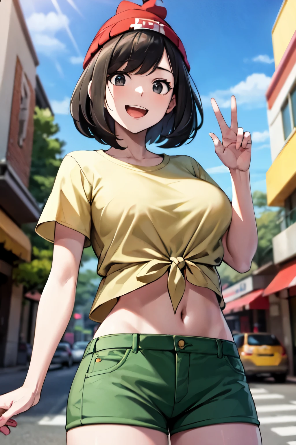 selene,woman, black eyes, short black hair, green shorts, red beanie,yellow shirt, tied shirt, midriff, looking at viewer, happy, laughing, mouth open,
outside, strip mall, hand reaching towards viewer, extreme detail, hdr, masterpiece, beautiful detail, large breasts
 