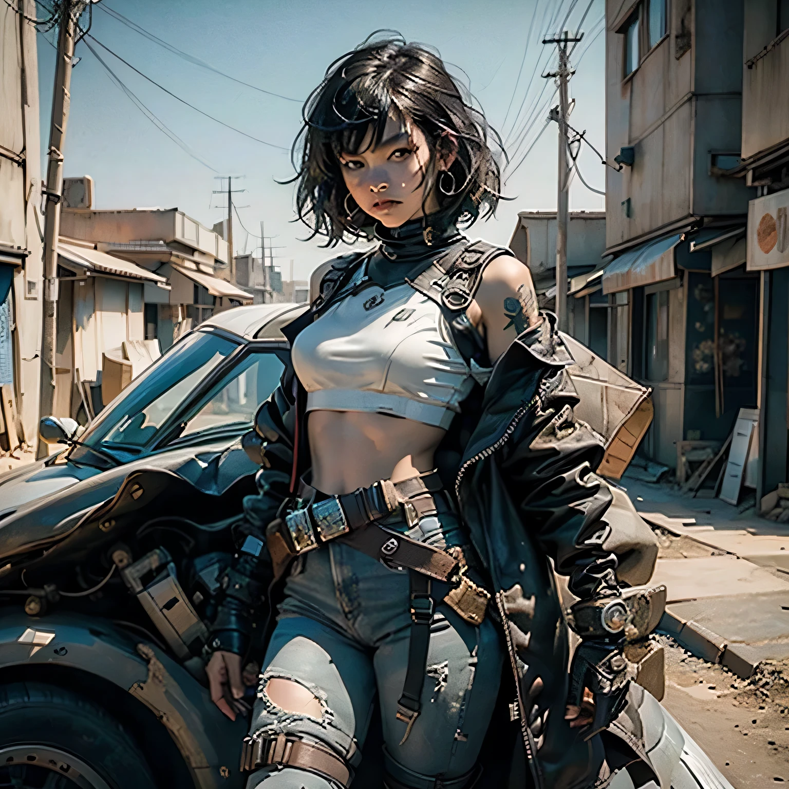 Portrait of a young Asian girl in a science fiction setting, among complex background punk elements reminiscent of Mad Max's world. The scene is futuristic and post-apocalyptic, showcasing intricate details in best quality. This masterpiece presents the girl, standing tall and proud from head to toe, against the arid desert backdrop. Her eyes scatter defiance and determination, with vast, intriguing landscapes in the periphery. Despite wearing just enough clothing to cover her modesty, her huge tits:1.3 remain barely contained, with layers of intricate metallic textures and harnesses accentuating her form. Her exposed midriff is adorned with high