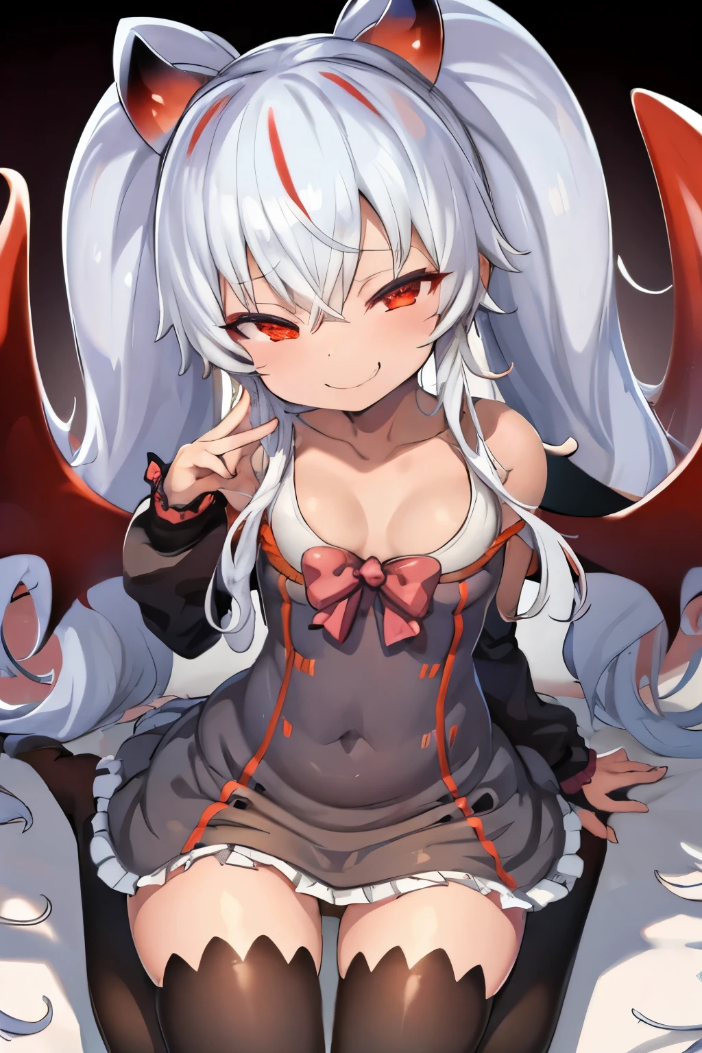 (grim aloe), demon horns, demon wings, demon tail, black dress, dynamic pose, sitting, evil smile, blush, stylish pose, (masterpiece), (best quality), (ultra-detailed), (illustration), (an extremely delicate and beautiful), game cg, beautiful eyes, heart-shaped eyes, dynamic angle, intense angle, black panty, (**** oppai:1.5), large breasts, cleavage, 