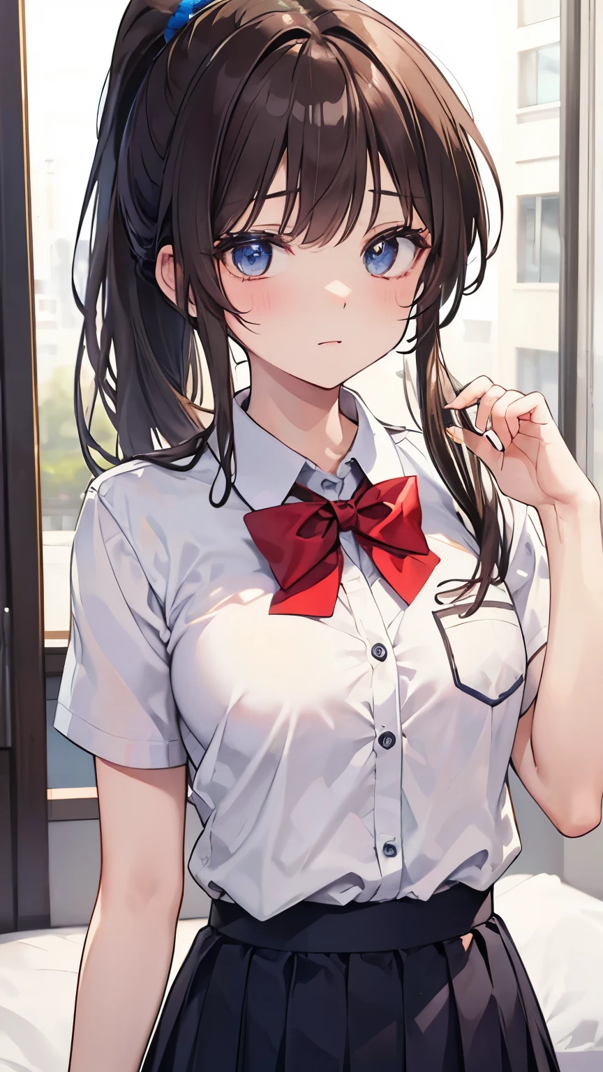 (((Best quality, 8k, Masterpiece: 1.3)), Sharp focus, Slim abdomen,  (White shirt), ((ponytail)), Highly detailed face and skin texture, Detailed eyes, Double eyelid, Japanese high school girl, brown hair, sleepy face, (in high school), (high school uniform)