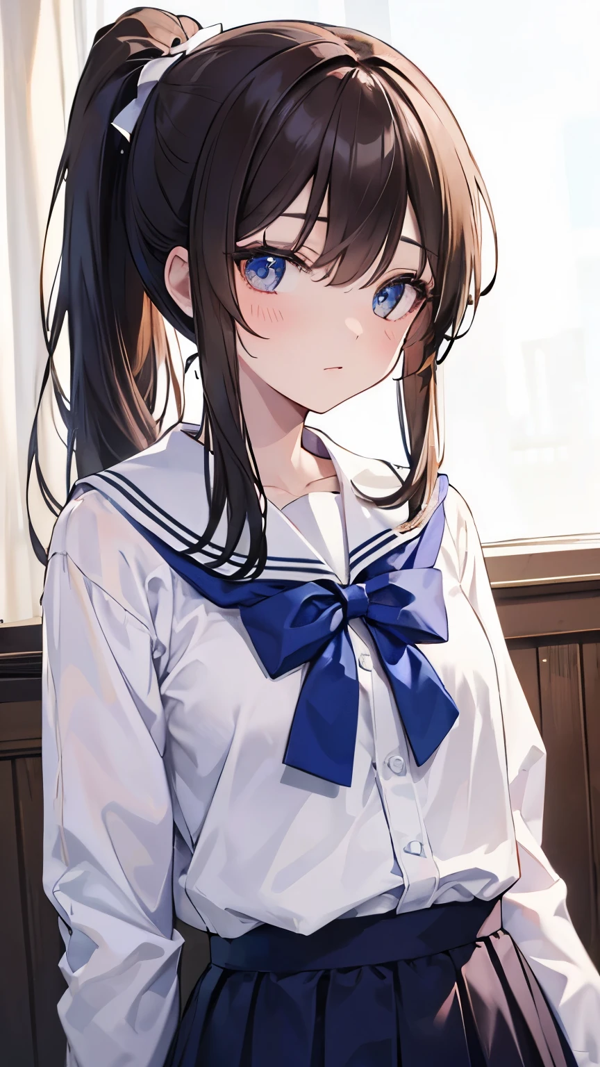 (((Best quality, 8k, Masterpiece: 1.3)), Sharp focus, Slim abdomen,  (White shirt), ((ponytail)), Highly detailed face and skin texture, Detailed eyes, Double eyelid, Japanese high school girl, brown hair, sleepy face, (in high school), (high school uniform)