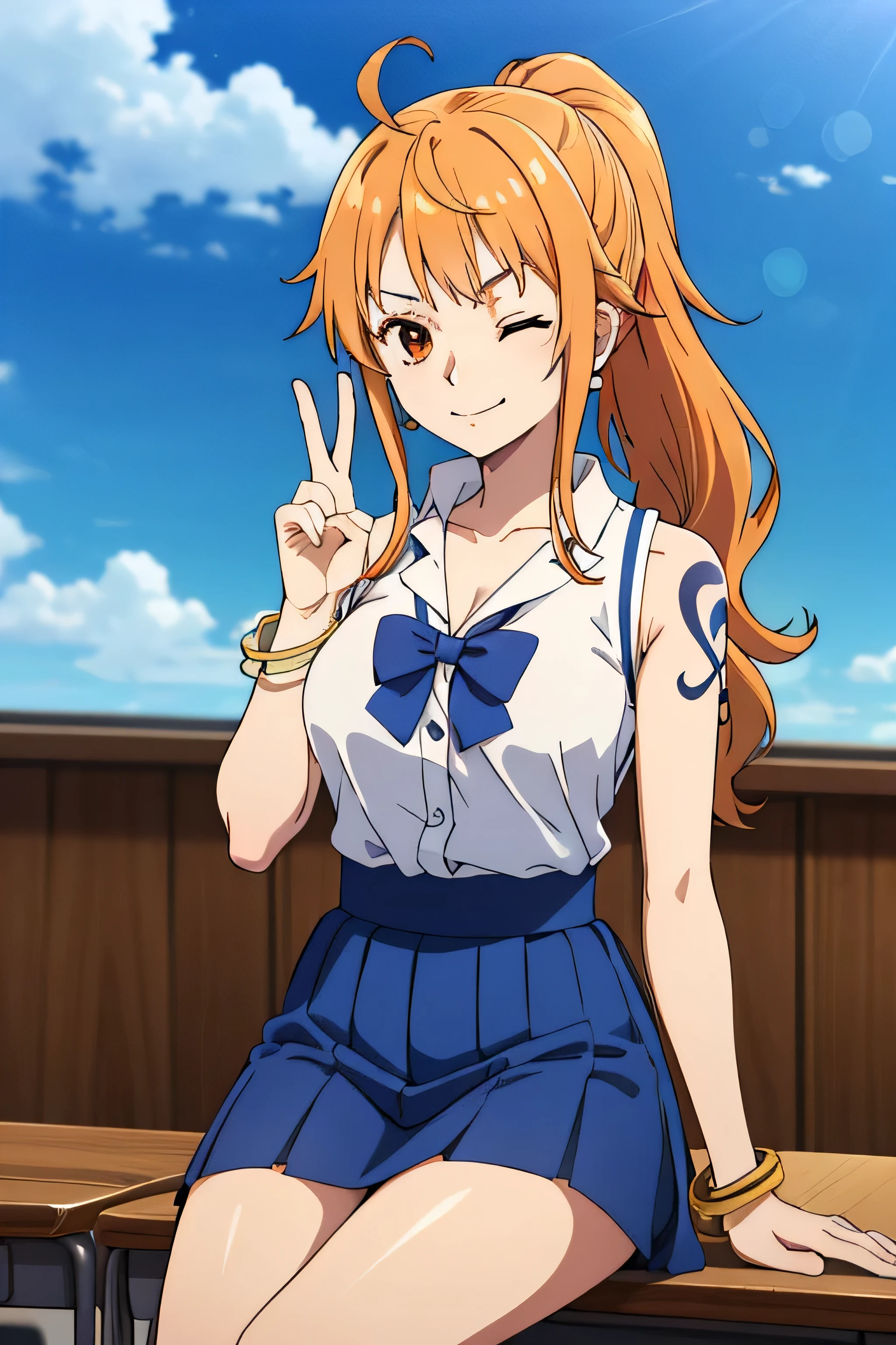 2d, masterpiece, best quality, anime, highly detailed face, highly detailed background, perfect lighting, nami, 1girl, solo, one eye closed, long hair, smile, jewelry, sash, ((White shirt))、((blue skirt)) by the、（small tits）Chilarism、((Japan High School Student Uniform)) full body portrait, earrings, looking at viewer, sleeveless kimono, ahoge, ribbon, hair bow, sky, day, bracelet, sleeveless, ;\), blue bow, outdoors, breasts, cloud, closed mouth, ponytail, blue sky, brown eyes, orange eyes, left shoulder tattoo, very long hair, sidelocks, bangs, collarbone, upper body, left arm tattoo, blurry, hand gesture, medium breasts, blurry background, large breasts, eyelashes, mountain, parody, cloudy sky, sitting, shiny hair, bangle, wavy hair, ((school, classroom))