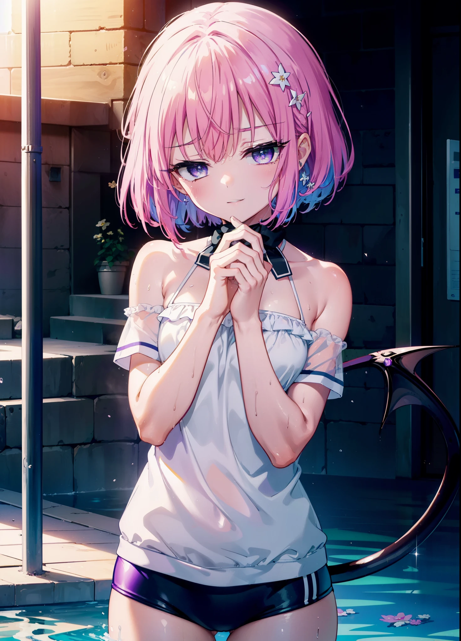 momomodel Building Uke, Deviluke type, demon tail, hair flower, hair ornaments, (purple eyes:1.1), pink hair, short hair, tail, smile,happy smile, smile, open your mouth,
break demon tail, green , school swimwear,wet hair,wet skin,barefoot,noon,sunny,
break ourdoors, School pool,
break looking at viewer, (cowboy shot:1.5),
break (masterpiece:1.2), highest quality, High resolution, unity 8k wallpaper, (shape:0.8), (beautiful detailed eyes:1.6), extremely detailed face, perfect lighting, extremely detailed CG, (perfect hands, perfect anatomy),