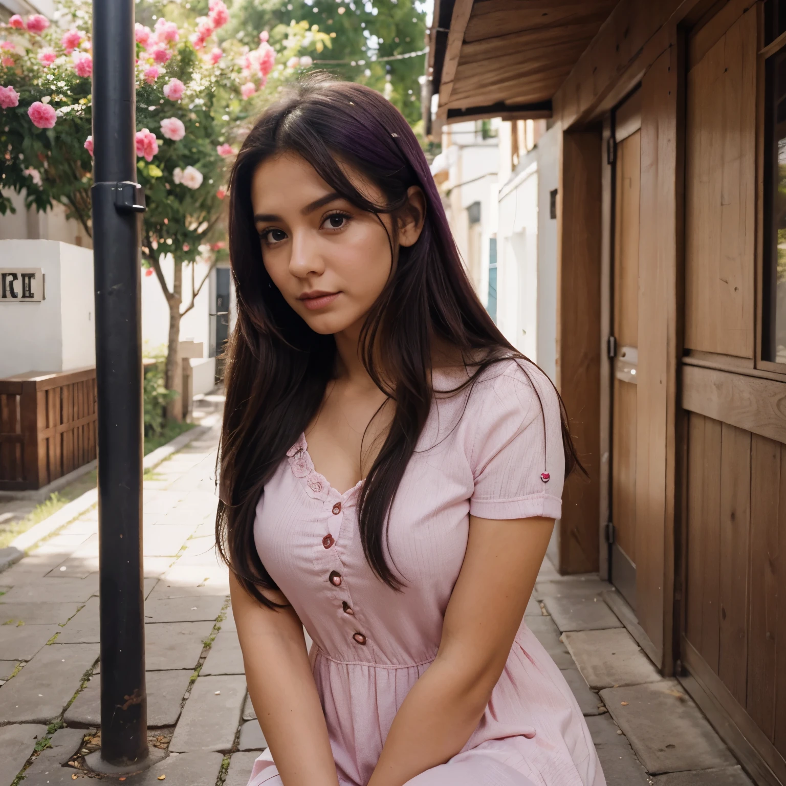 Payasita peluca rosa, vestido morado con amarillo corazones rosas