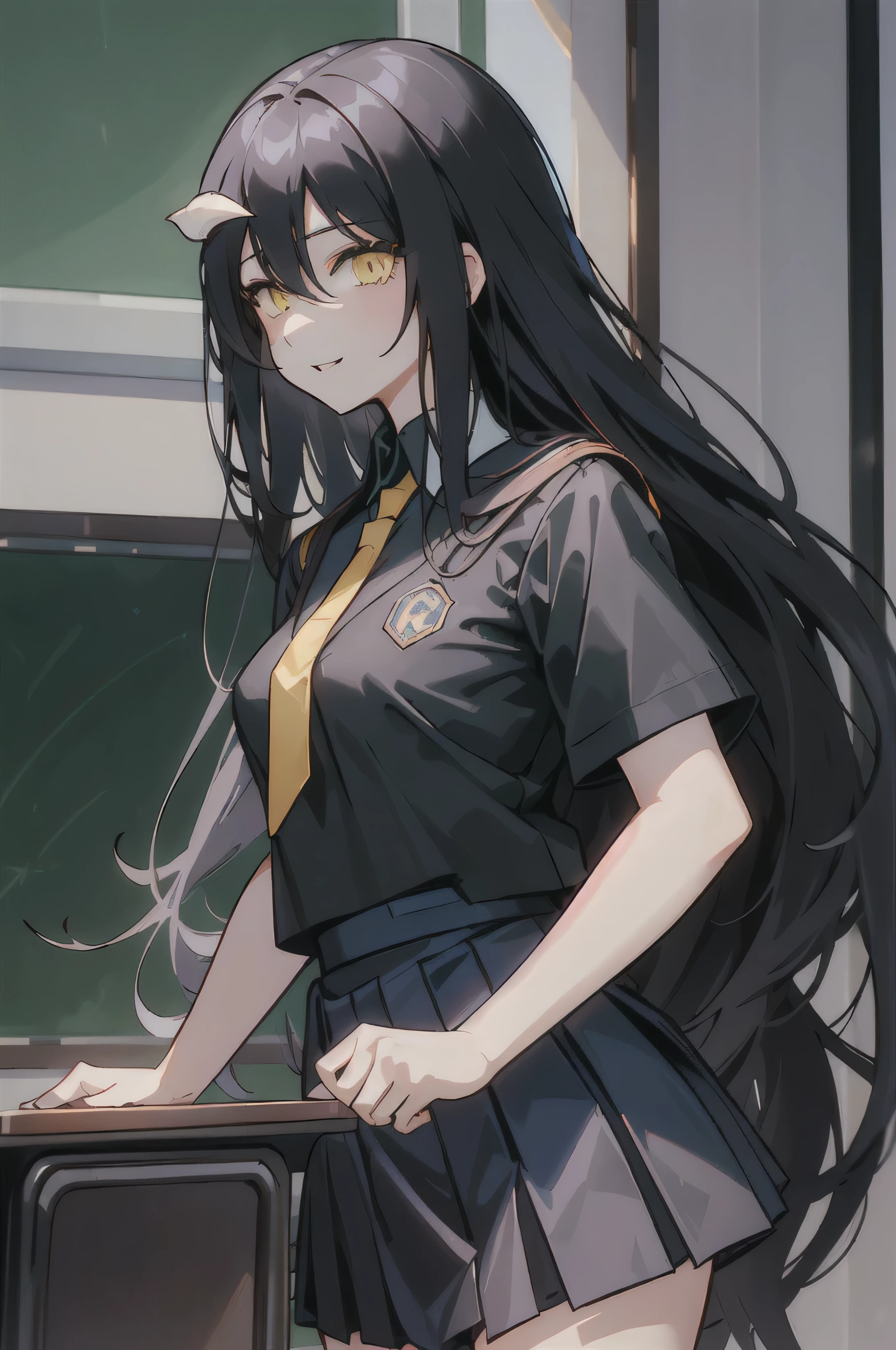 albedow, albedowings, medium breasts, long black hair, yellow eyes, looking at viewer, evil smile, parted lips, ((school, classroom)), ((Black shirt))、((Neck Tie)) ((((blue skirt)))) by the、（small tits）Chilarism、((Japan High School Student Uniform))、serafuku、summer clothing, Upper body portrait、