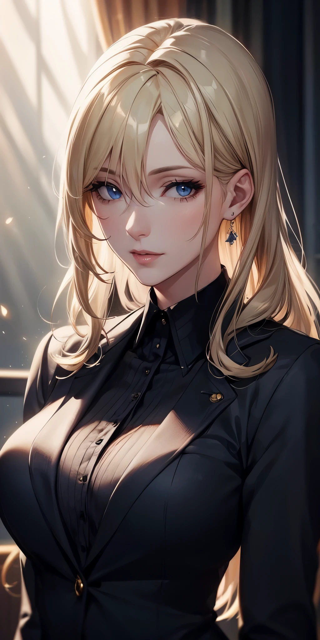 portrait, realistic, elegant mature woman, blue eyes, blonde hair, big breast, 4k resolution, beautiful cg, soft light