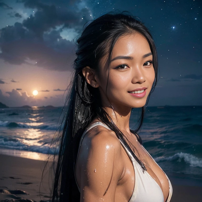 (best quality:1.5), (hyper-realistic:1.5), 26 year old skinny cambojan woman, ponytailed long black haired, brown eyed, tanned yellow skin, wet hair, wet skin, standing naked in the beach, ripped abs, toned abs, front view, back view, side view, night scenery, starry sky scenery, smiling, looking at viewer, hands in hair
