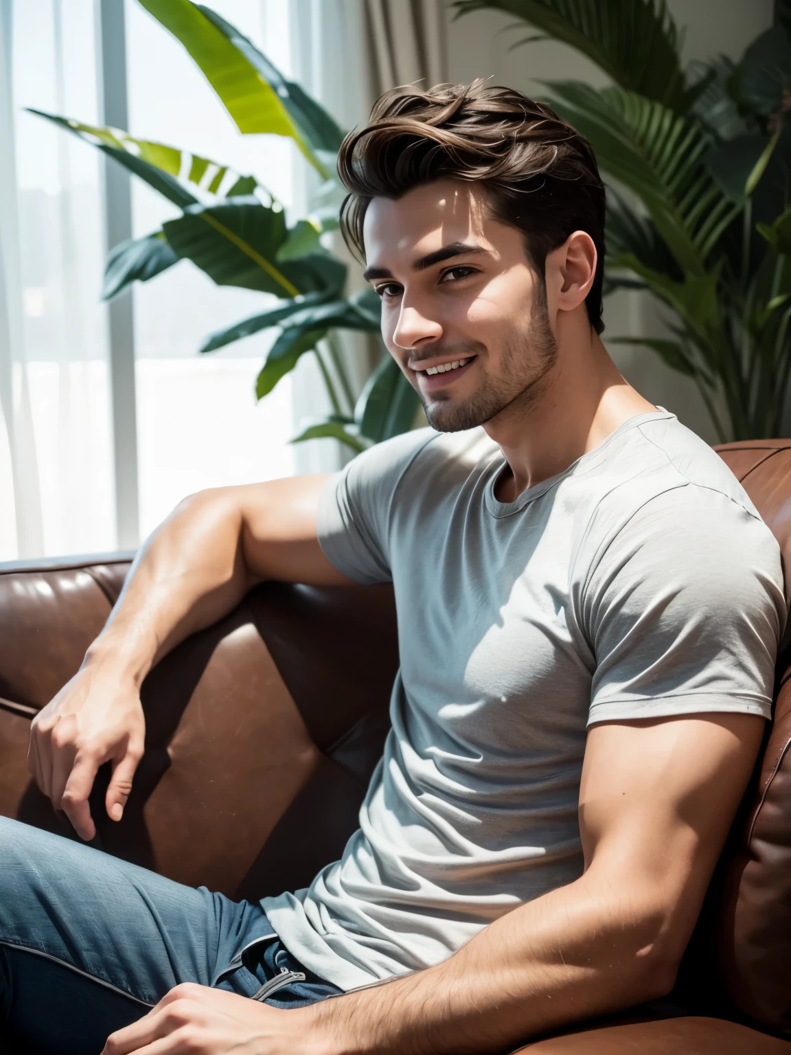 Portrait of a handsome man 28 years old with a round face with a cinematic look, sitting on a sofa in a hotel in Turkey, premium interior, SIDE VIEW, sunny day, light, smiling, pleased, smile on your face, medium length dark tousled hair, in light summer clothes