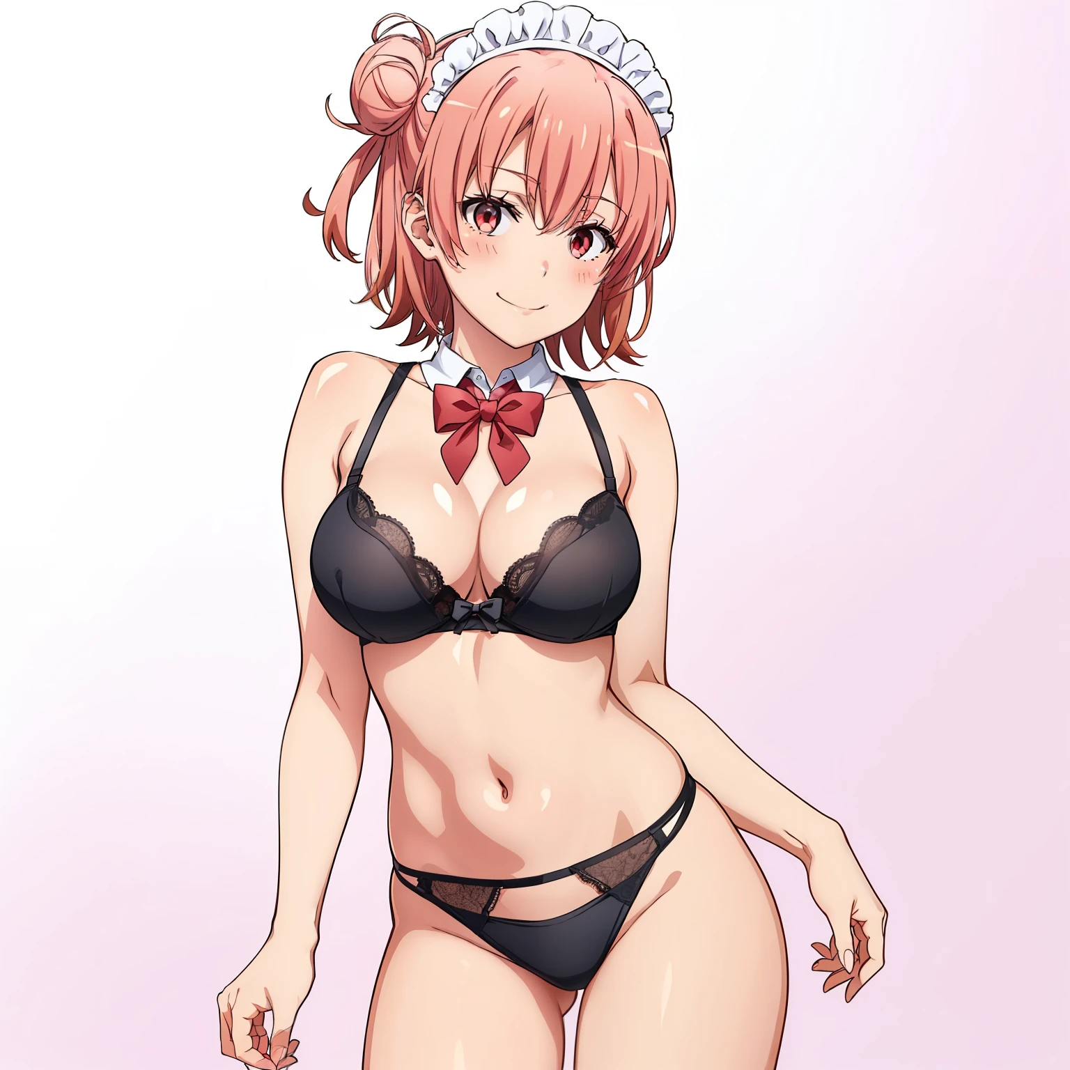 ((masutepiece, Best Quality, hight resolution, nffsw, Perfect Pixel, depth of fields, 4K, )), 1girl in, Solo, , Beautiful anime girl, Beautiful Art Style, close up, Looking at Viewer, Perfect body, Yuigahama Yui, Short hair, single hair bun, pink hair, (large boob), Full face blush, Smile, thighs thighs thighs thighs, black lingerie, maid, red bowtie, white background, cowboy shot, Focus,