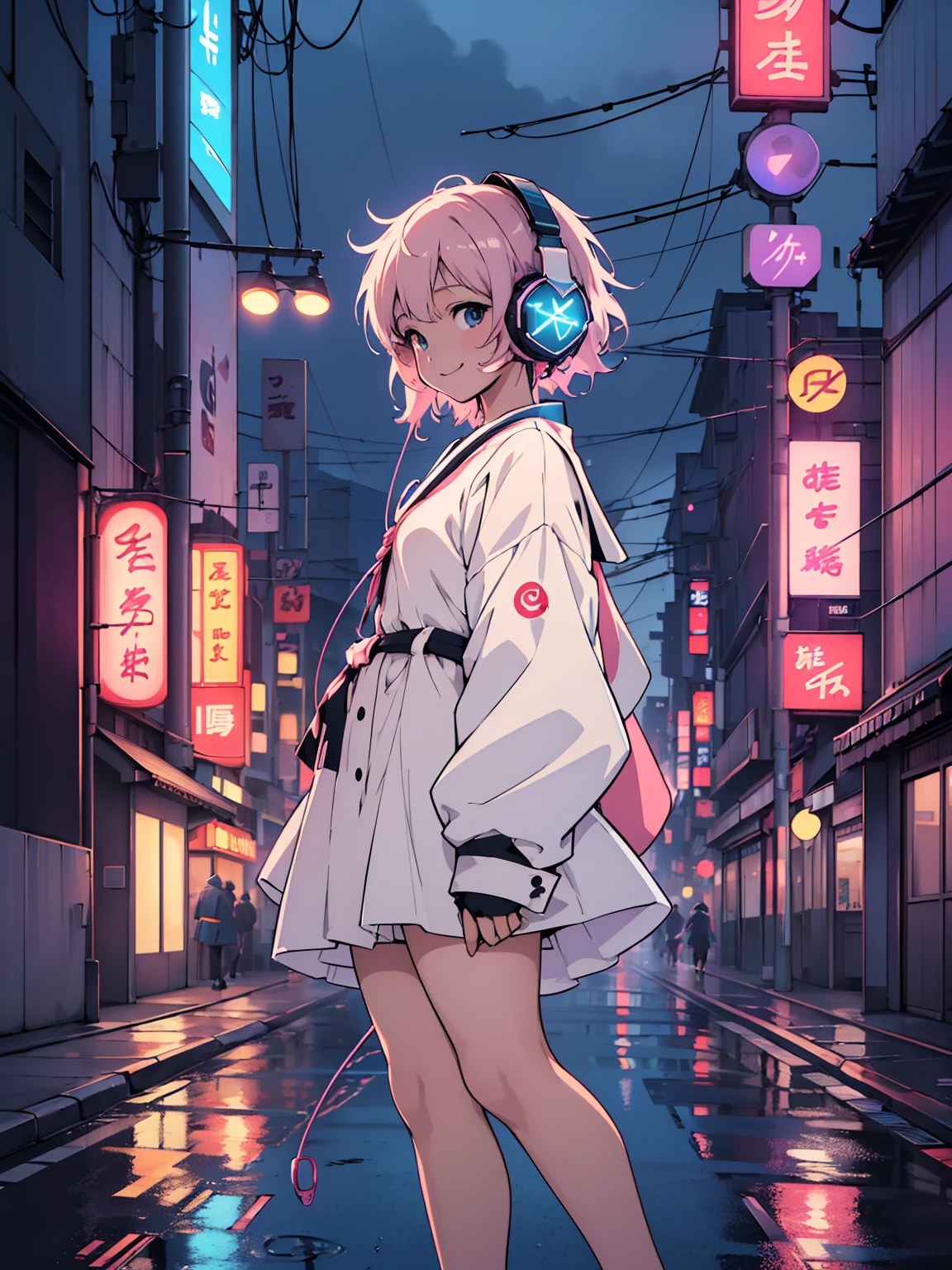 (masterpiece), (highest quality:1.4), (ultra high resolution:1.2),  super detailed background, (unity 8k wallpaper),Shibuya Ward、city pop、(headphones:1.5)、masterpiece, (anime girl alone:1.3), incredibly absurd, sailor suit,pedestrian crossing, outdoor, rain, Tokyo, neon light.high school girl、profile、full body shot、slender、tall、7 head and body、small face、smile