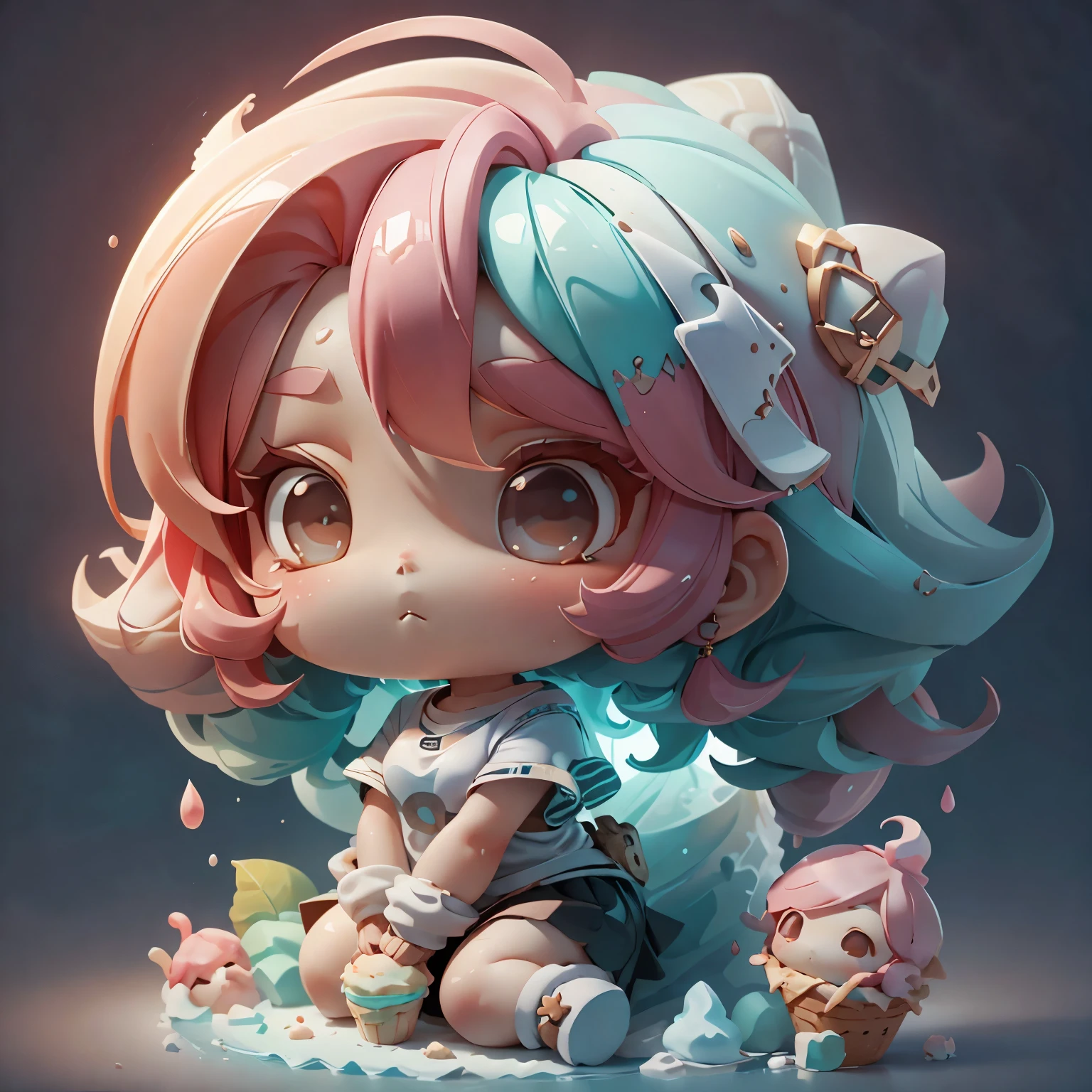 Plastic 00D， 1 girl， Chibi T-shirt， colored hair， luxury fabric， dithering， Ice cream texture，deep， view audience， striped background