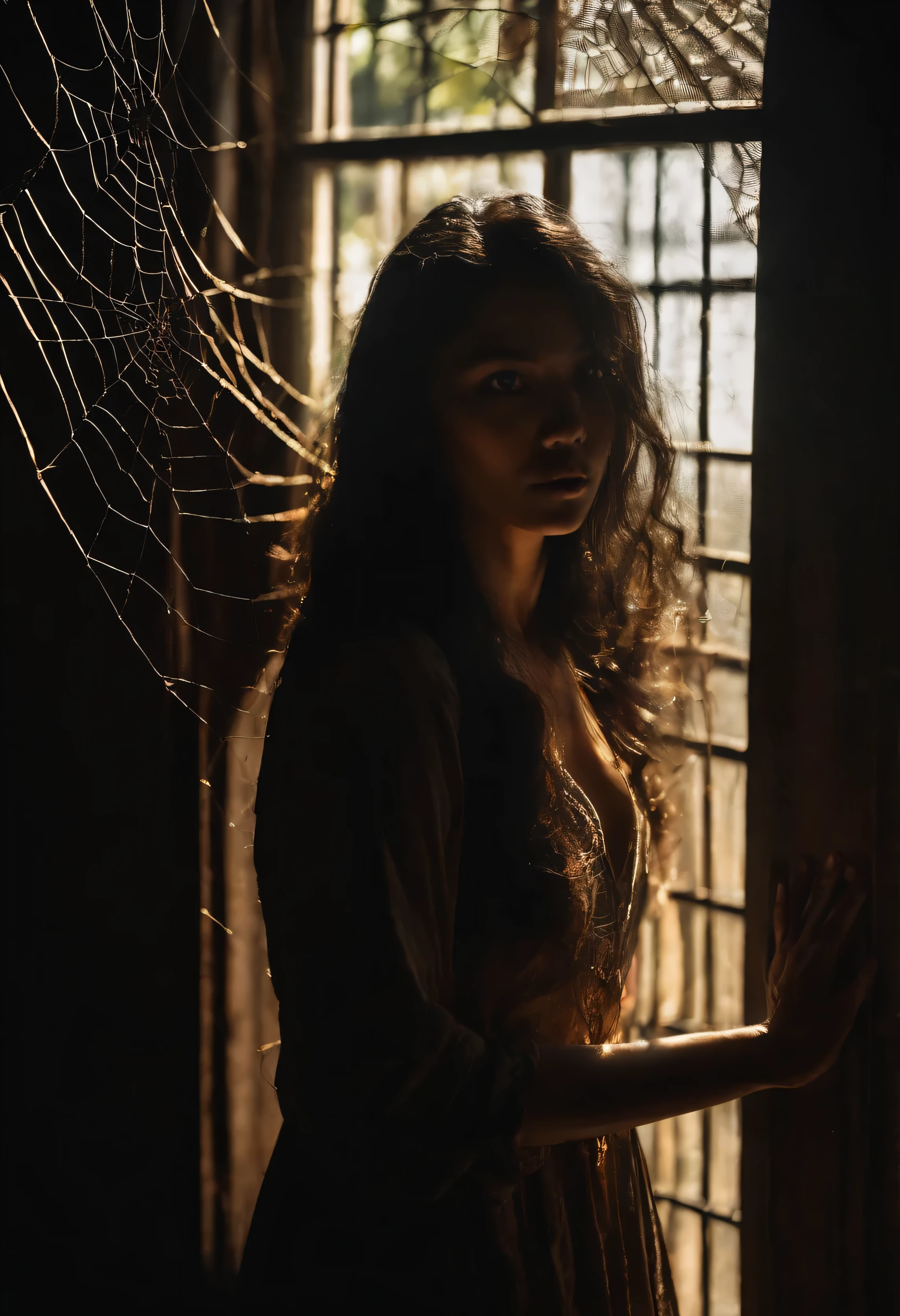 Hyperrealist real face malay women old house long messy hair light silhouette sun standing front of window look outside dark background spider web