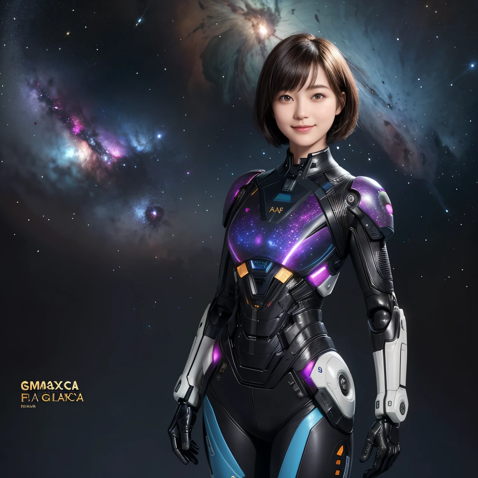 208 Short Hair, 20 year old female, Floral, gentle smile, futuristic clothes, mechanical suit, (The background is a galaxy and nebula)
