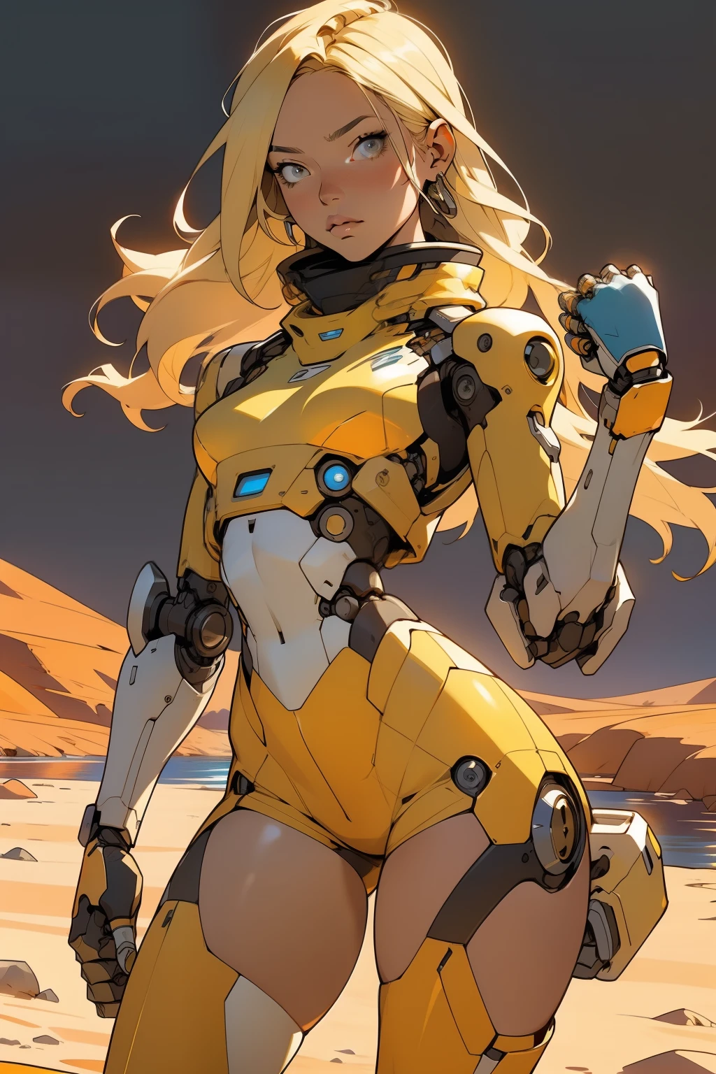 high quality, 4k, masterpiece, beautiful, cyborg girl, cowboy shot, dull eyes, front, looking at viewer, long blonde hair, girl, small breasts, fit thighs, robotic arms, robotic body, cyborg body, yellow & white uniform, orange accent, intricate detail, joint, detailed lines, robotic detail, holding fist up, holding hand up as fist, color robotic parts, robotic parts with color, perfect fingers, on a desert planet, sunny background, colorful desert, a river or a lake in the background, slender thighs, skinny thighs,