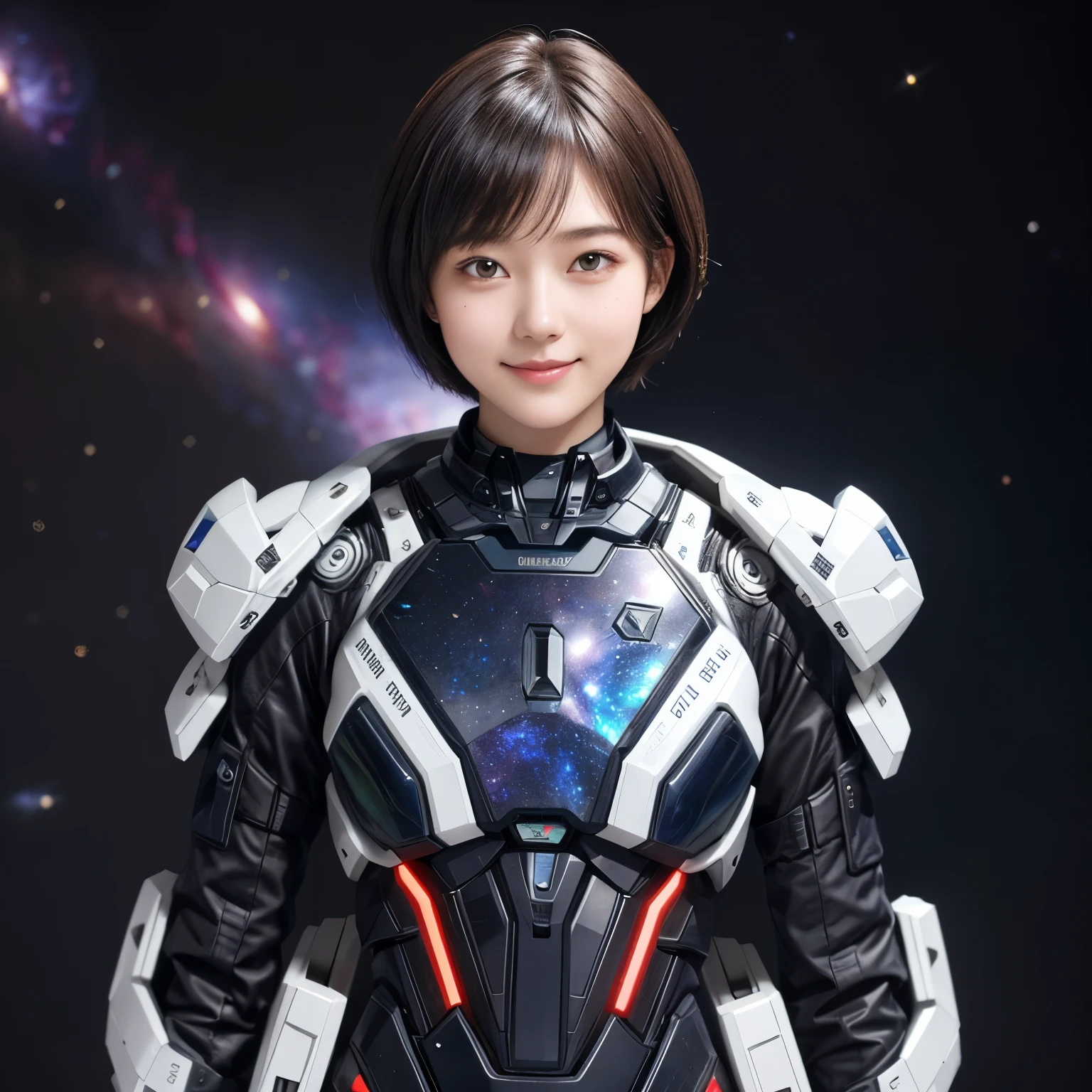 208 Short Hair, 20 year old female, Floral, gentle smile, futuristic clothes, mechanical suit, (The background is a galaxy and nebula)