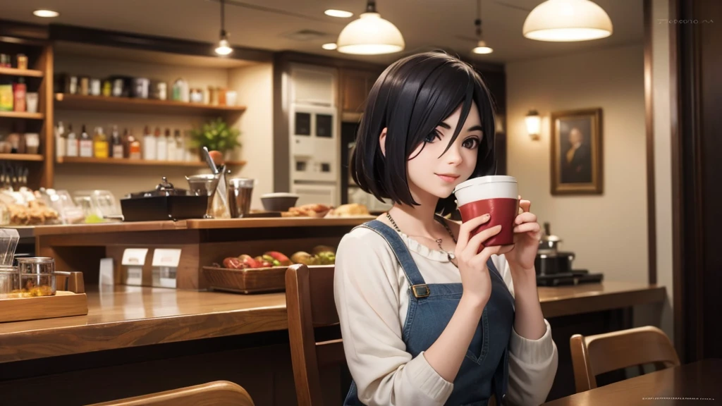 original photo, best quality), 1 woman with short black hair, Izumi Nase, natural lighting, Upper body, cafes, Smile, Satosh Khan Art Style