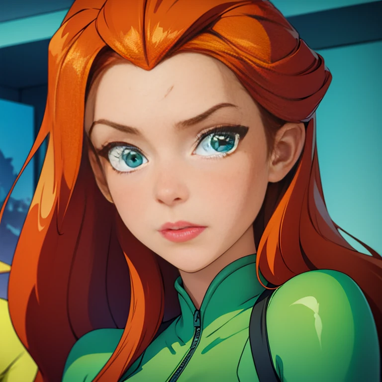 (masterpiece, best quality), face portrait of sam \(totally spies\), orange hair, long hair, green eyes, green body suit, expressionless. 