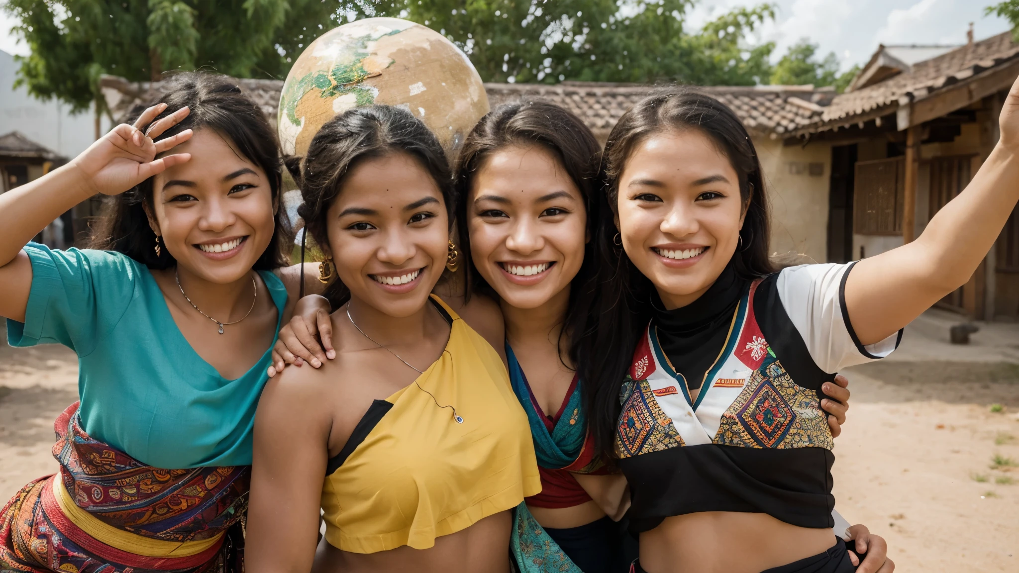 Generate an image showcasing the global impact of happiness on communities worldwide. Incorporate elements representing cultural diversity, social connection, and expressions of joy from different regions of the world.