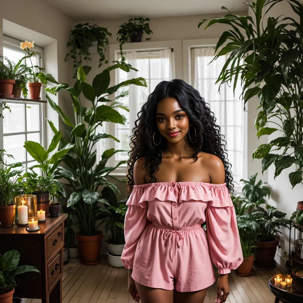 Long wavy luxurious black hair, black woman, medium brown skin tone, closed smile, pink off shoulder romper, 1 candle, room full of plants in big pots, flowers, living room, from a distance