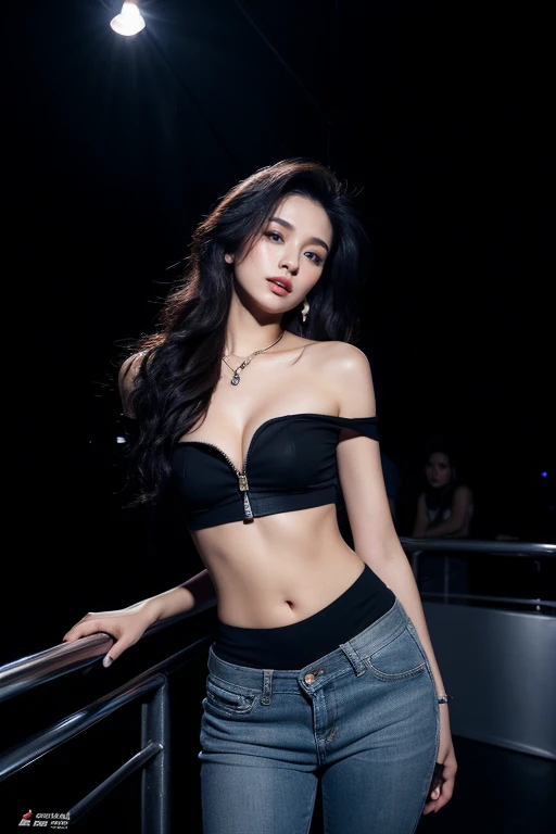 photorealistic, high resolution, soft lights, 1women, 25 years old, solo, hips up, blue eyes, vlack hair, long hair, jewelry, tattoo, open up unzipped off shoulder streetwear with side cut, korean thailand mixed sexy super model, sexy curcy body with sexy cleavage , inside an empty modern night club 