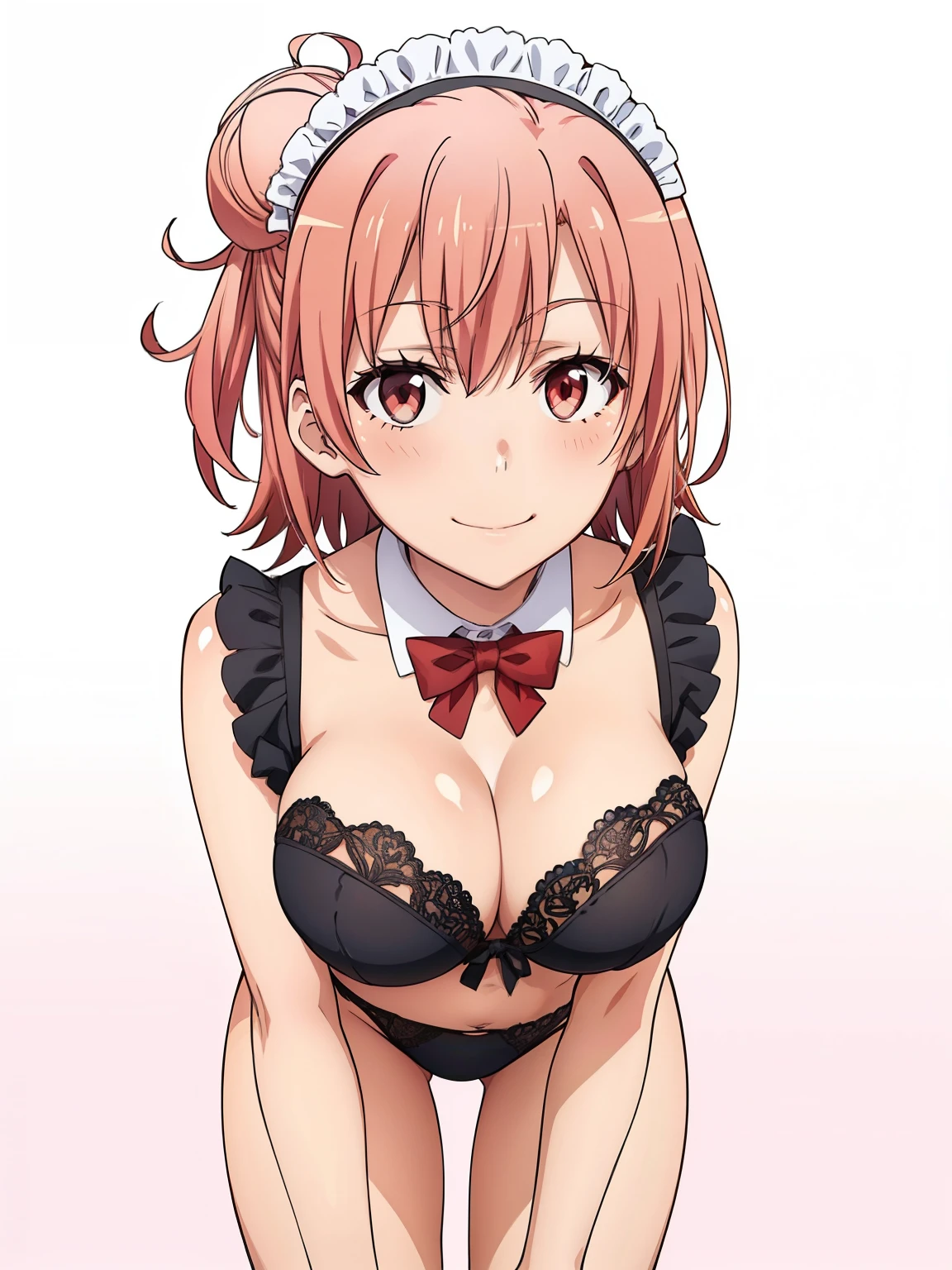 ((masutepiece, Best Quality, hight resolution, nffsw, Perfect Pixel, depth of fields, 4K, )), 1girl in, Solo, , Beautiful anime girl, Beautiful Art Style, close up, Looking at Viewer, Perfect body, Yuigahama Yui, Short hair, single hair bun, pink hair, (large boob), Full face blush, Smile, thighs thighs thighs thighs, black lingerie, maid, red bowtie, white background, cowboy shot, Focus,