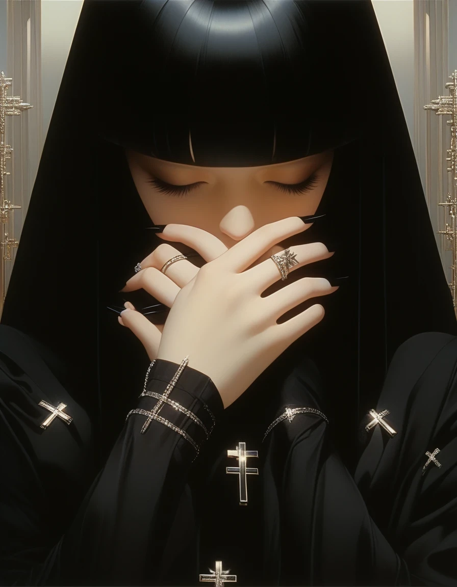 Close-up of pale hands with long black nails and cross ring, Kaneko, Half-closed eyes in the dark, Robert Ferrie (Roberto Ferri) Hajime Sorayama (Hajime Sorayama) style of
