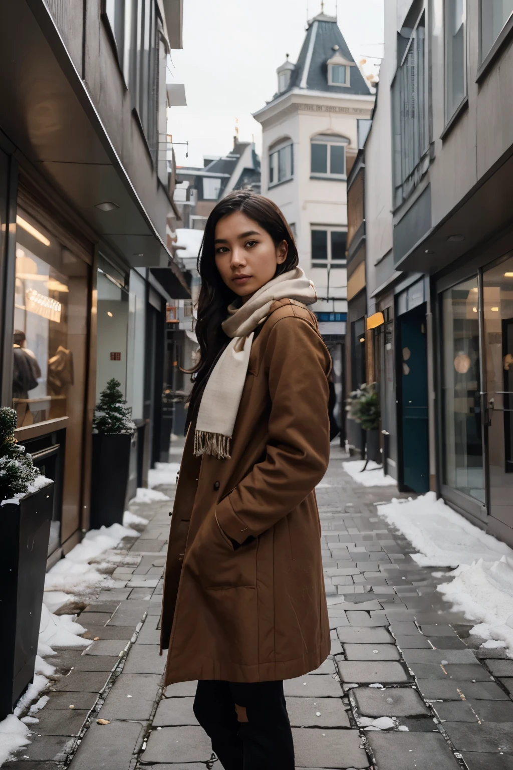 a 24 year old arafed Indonesian woman in a brown coat and white scarf standing in front of a building, ð¤  using ð¥, taken in 2 0 2 0, cold as ice! ð§, inspired by Amir Zand, amsterdam, standing in the city center, in a city with rich history, taken in 2022, an aesthetic!