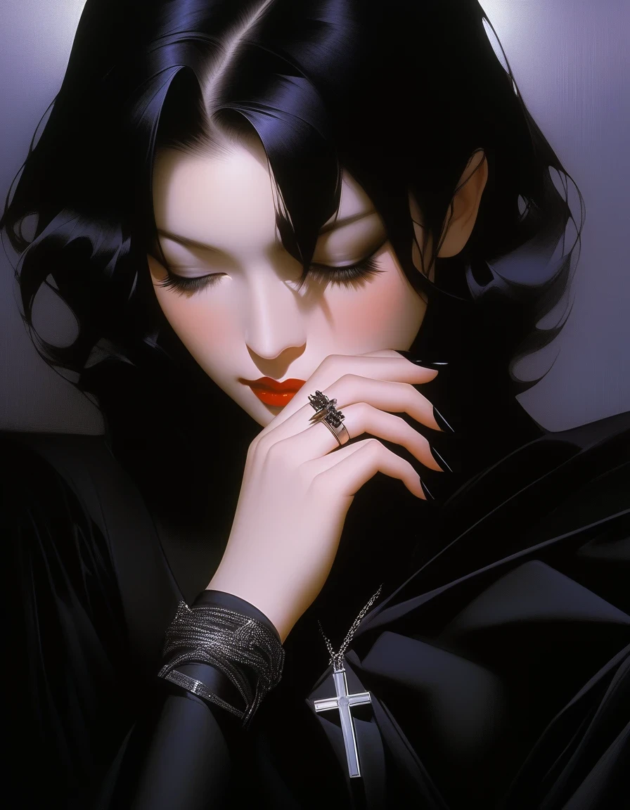 Close-up of pale hands with long black nails and cross ring, Kaneko, Half-closed eyes in the dark, Robert Ferrie (Roberto Ferri) Hajime Sorayama (Hajime Sorayama) style of