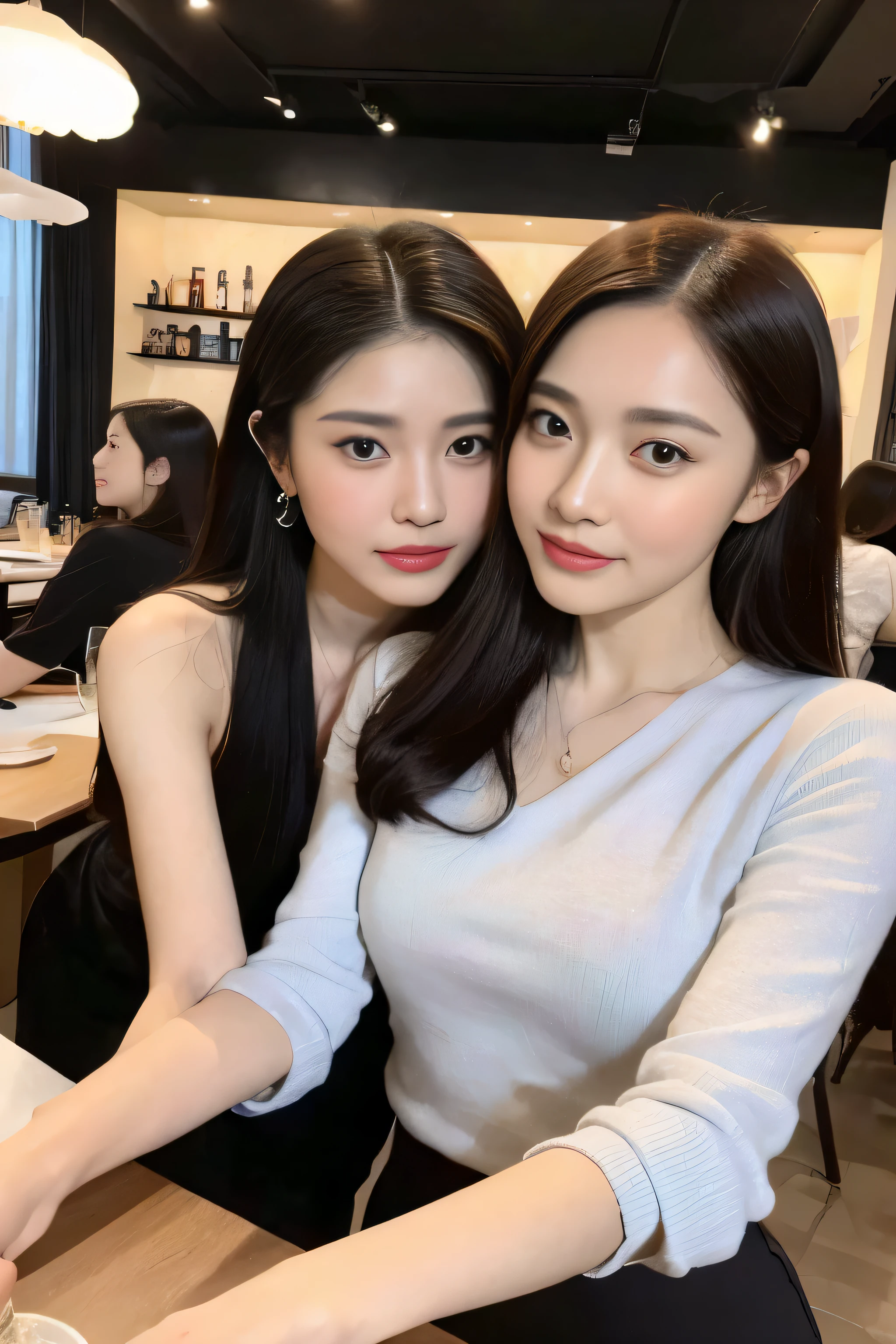 (best quality,8k,realistic,photorealistic:1.2),mature faces,2 women, elegant and sophisticated, posing for photos at a restaurant, Ruan Jia and Fenghua Zhong, ivy, beautiful!, Xision Wu, stunning woman, Ruan Jia and Artgerm, wenfei ye, and 2 beautiful ladies, portrait, two girls, intimate group shot