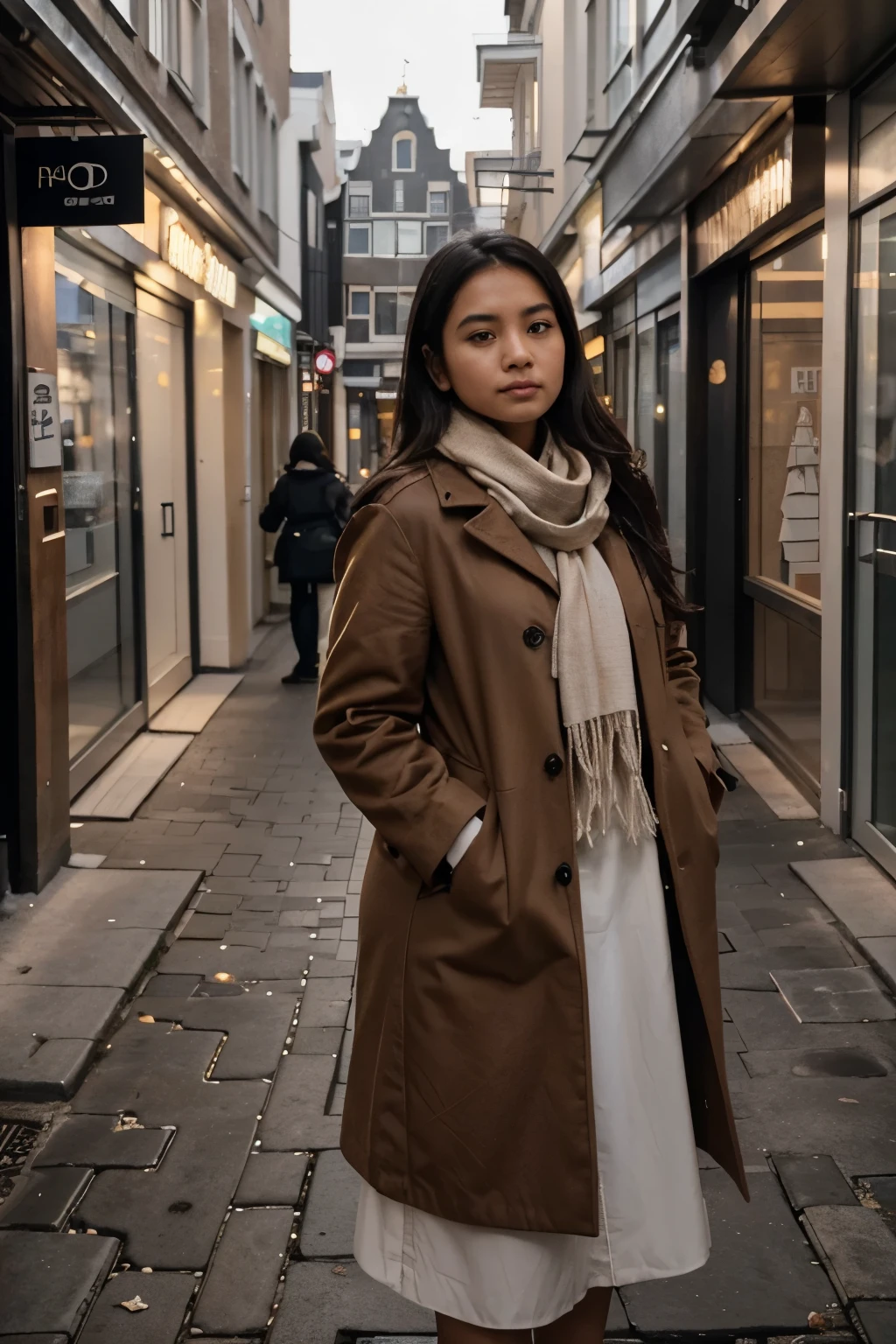 a 24 year old arafed Indonesian woman in a brown coat and white scarf standing in front of a building, ð¤ using ð¥, taken in 2 0 2 0, cold as ice! ð§, inspired by Amir Zand, amsterdam, standing in the city center, in a city with rich history, taken in 2022, an aesthetic!
