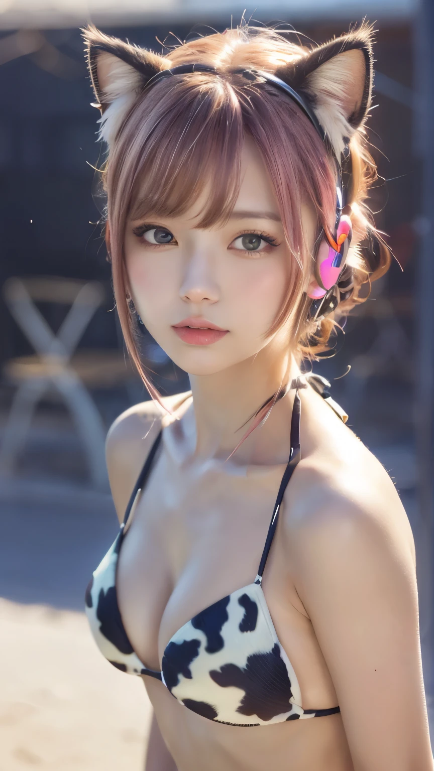 masterpiece, 4k, Bokeh, beautiful face, (multiple girls:1.4), Harem, group photo, (Cat ear:1.3), pink soft hair , looking at the viewer, (cow pattern bikini:1.2), sundown seashore, closeup