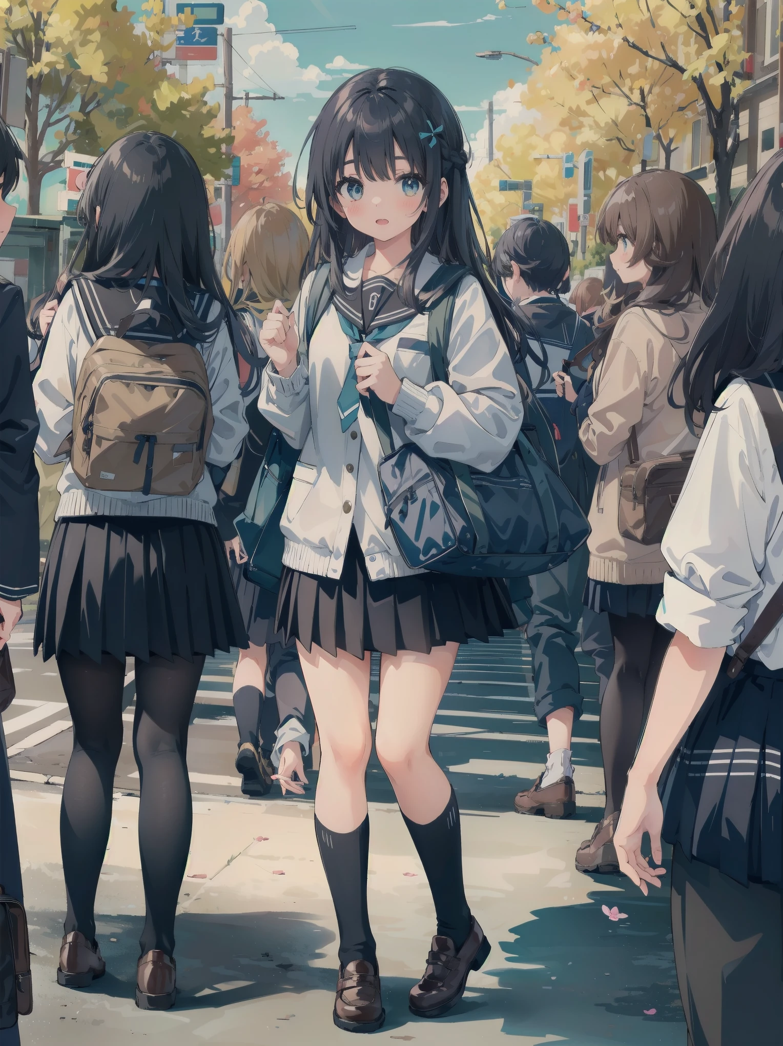 One girl, spring, high school, , warm colours, schoolbag, accurate and very detailed background, crowd of schoolgirls in uniform with various body shapes and hairstyles, cute.