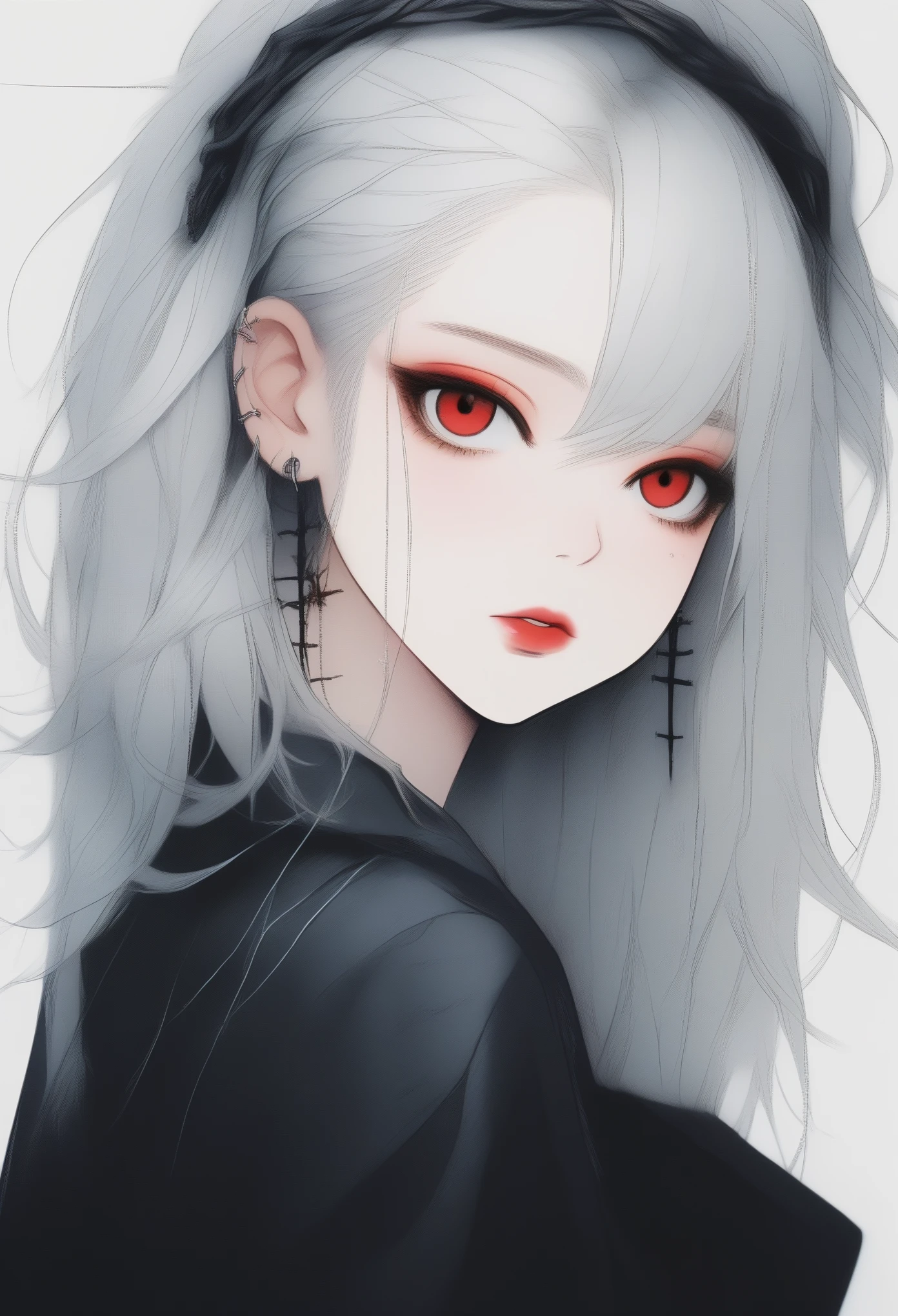 Beautiful young white-haired girl with piercing red eyes, half smile with full lips, black nails, barbed wires everywhere(coiled black barbed wires)